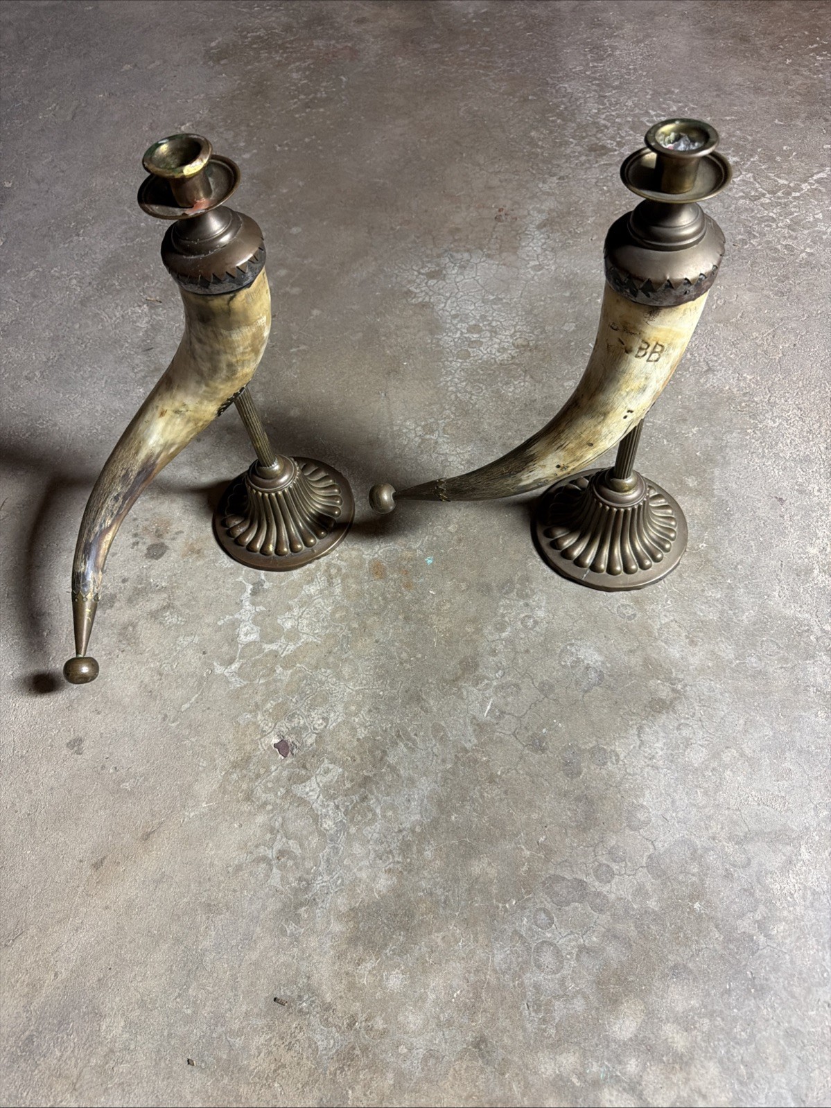 Antique Pair Of  Victorian Horn Candle Holders Sconces Drinking Horn Powder Horn
