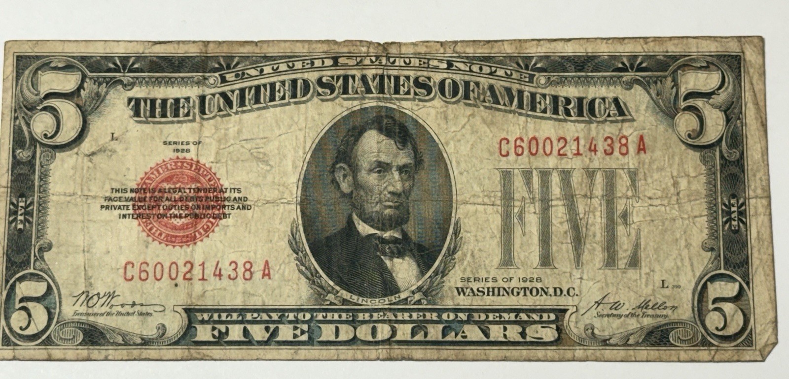 1928 $5 Five Dollar Bill Red Seal United States Note-Circulated C60021438A 1928 $5 Five Dollar Bill Red Seal United States Note-Circulated C60021438A