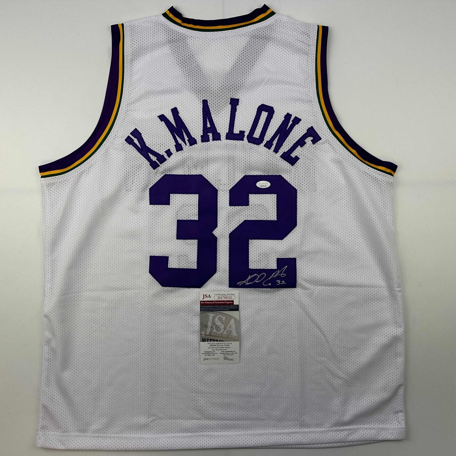 Autographed/Signed Karl Malone Utah White Retro Basketball Jersey JSA COA Autographed/Signed Karl Malone Utah White Retro Basketball Jersey JSA COA