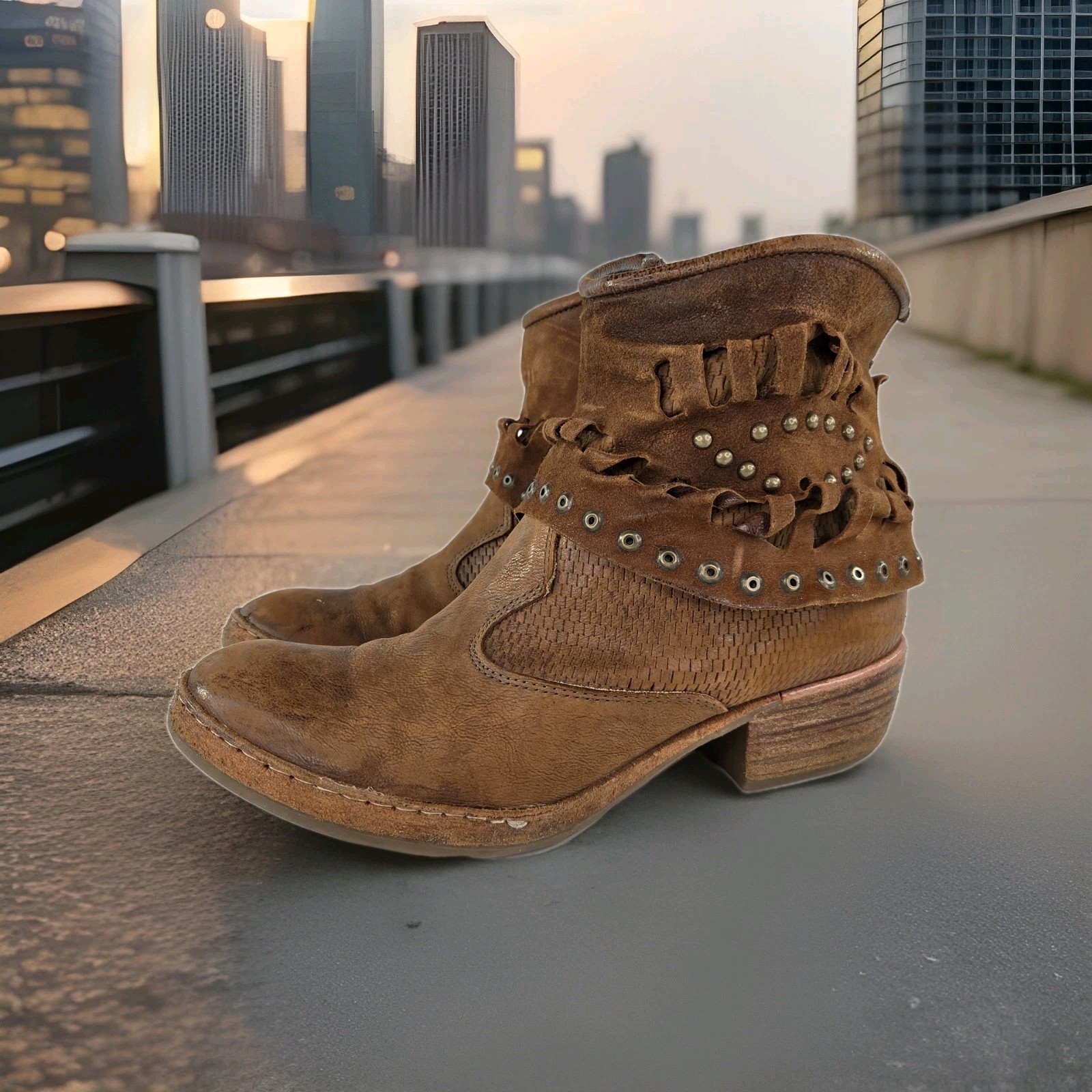 AS98 Airstep A.S.98 Brown Leather Bootie US 9.5 Inside Zip Studded Ankle Boot
