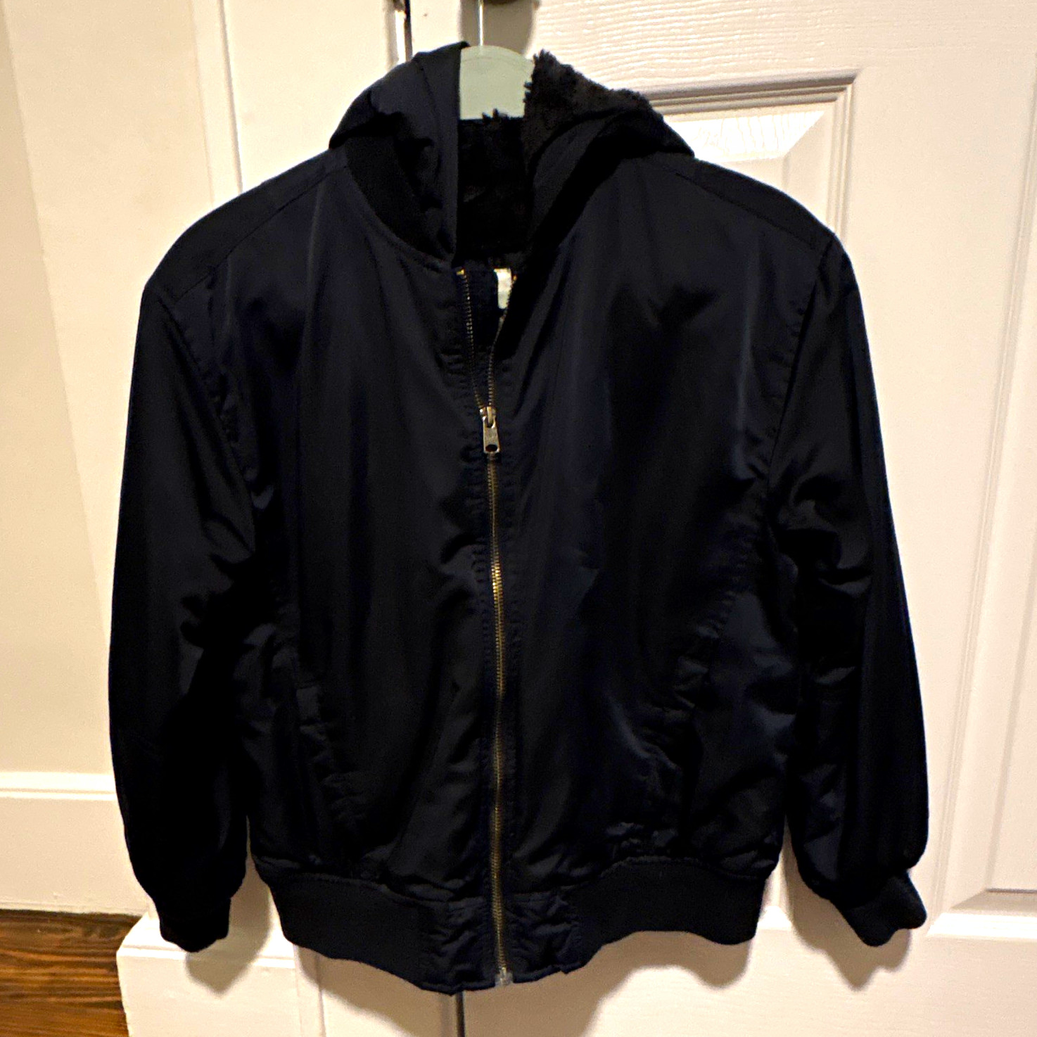Abercrombie & Fitch Unisex Kids Black Hooded Faux Fur Trim Bomber 8-10
