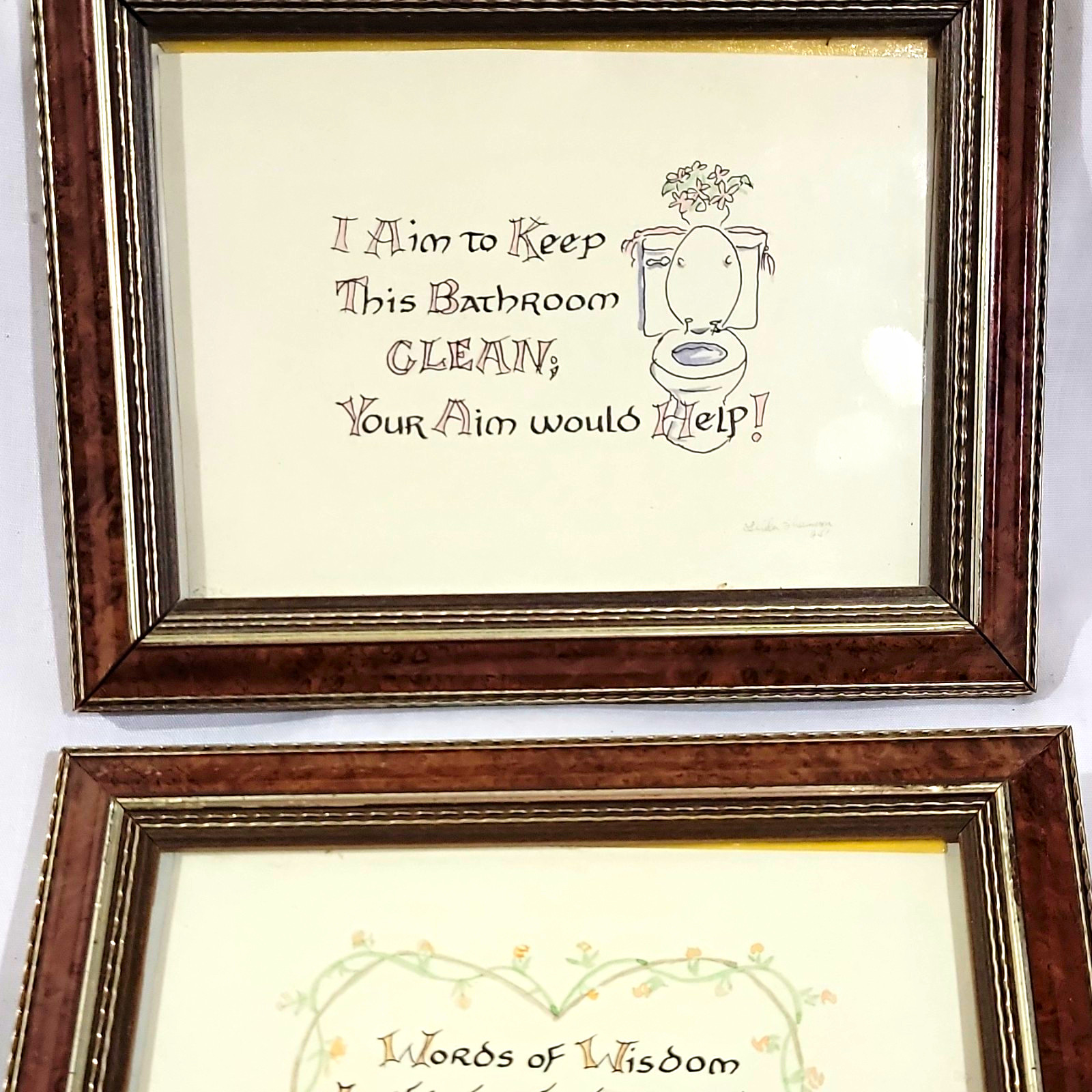 Vintage Signed Linda Shannon 1994 Pair Of Framed Bathroom Folk Art