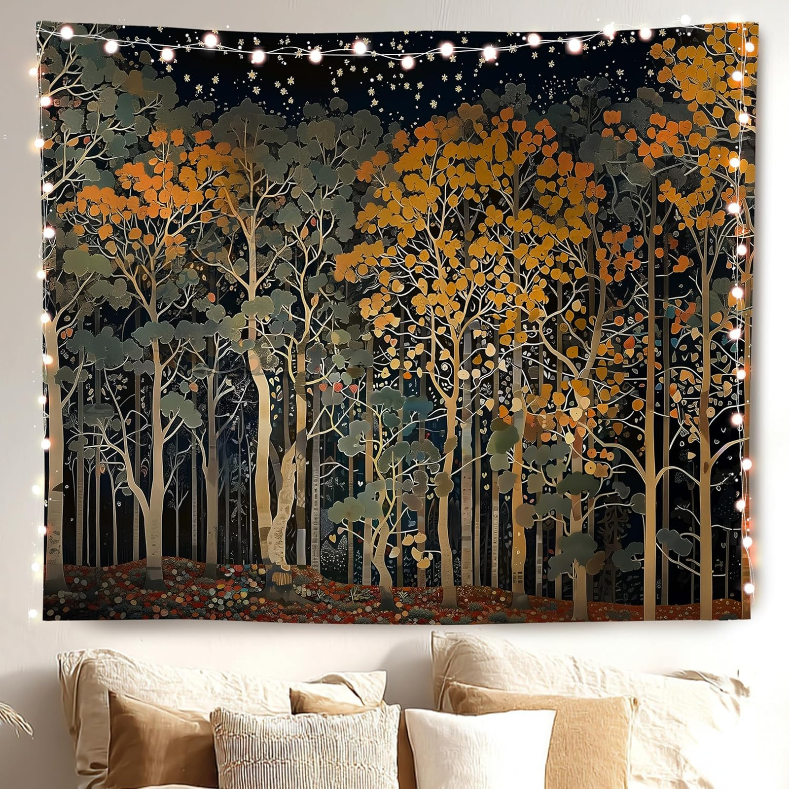 Night Forest Tapestry Wall Hanging Botanical Floral Enchanted Design 50x60 Inch