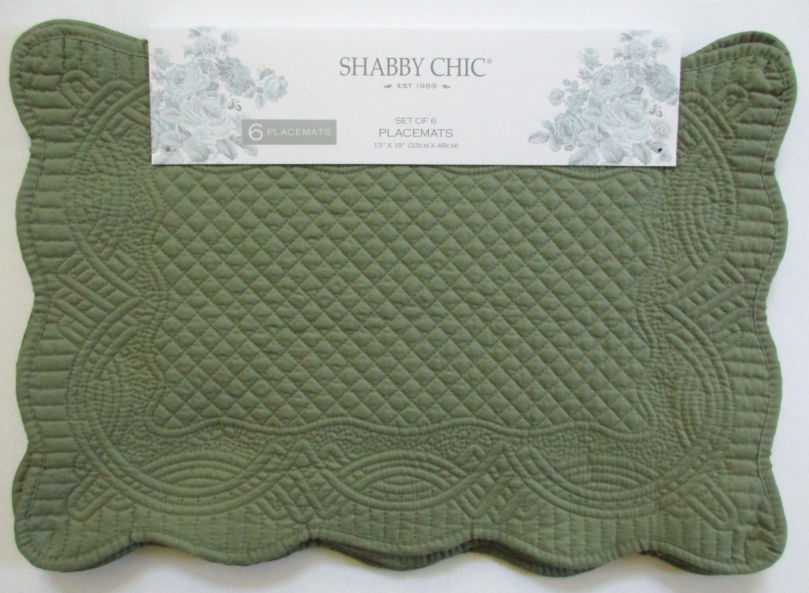 Shabby Chic 6Pcs Quilted Light Olive Green Placemats 13x19 Rectangular Scalloped