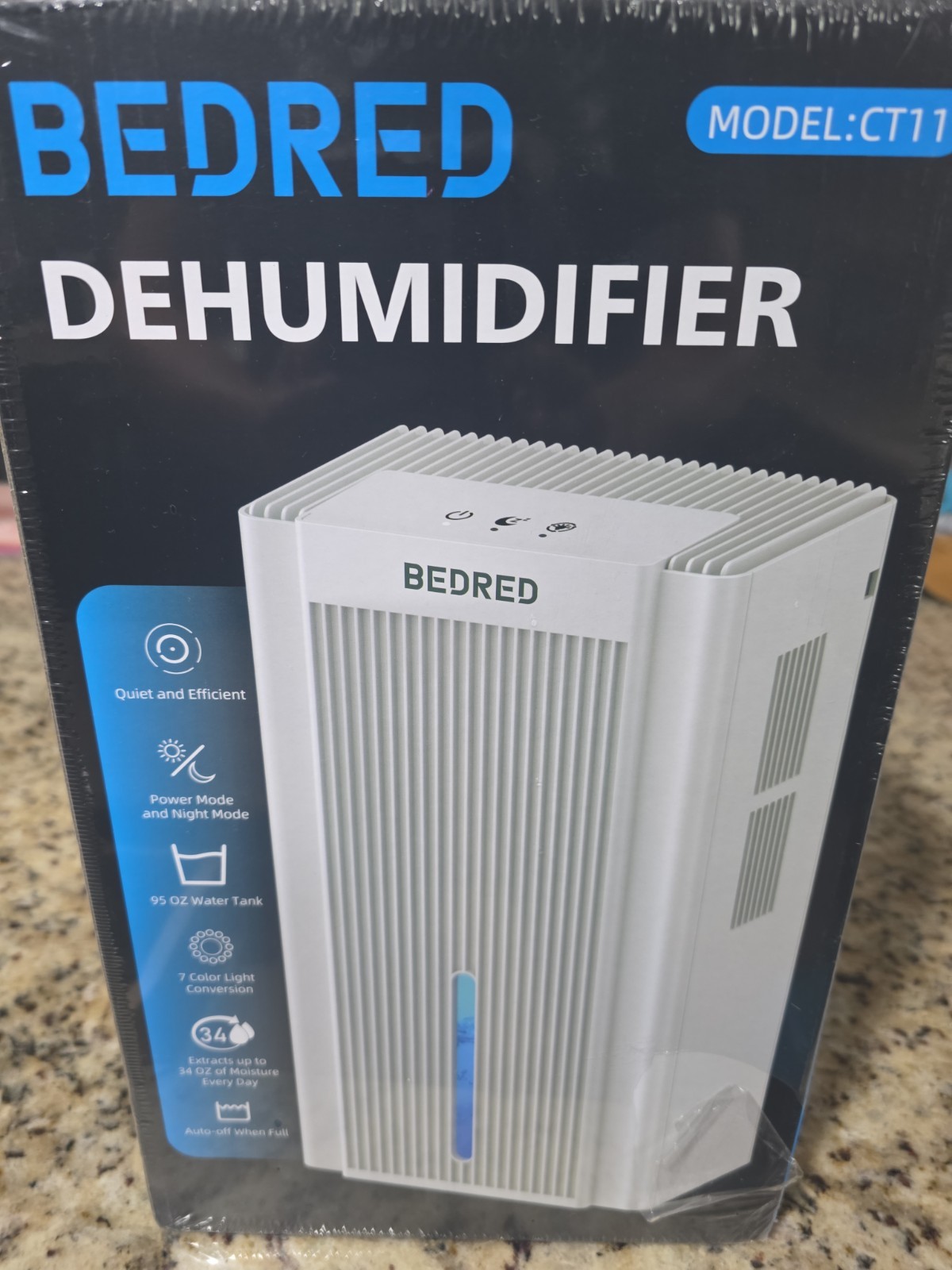 BEDRED CT11 Table Top Dehumidifier, 95oz Tank, Quiet, 7 Color Light, White