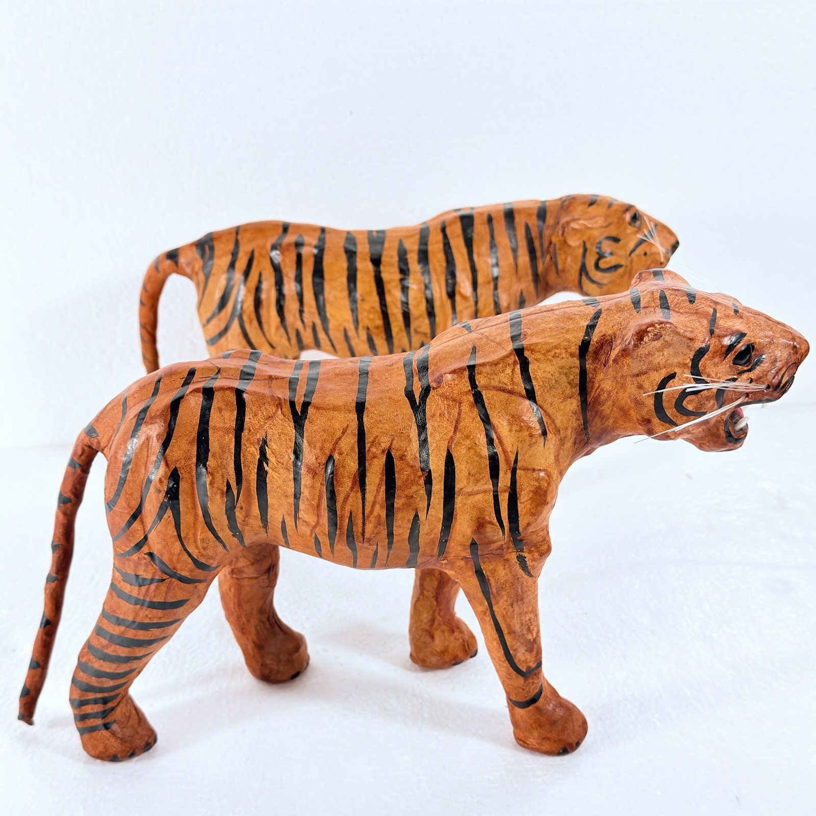 VTG Black Stripe Leather Wrapped Tiger Pair Statue Figurine Sculpture 12\