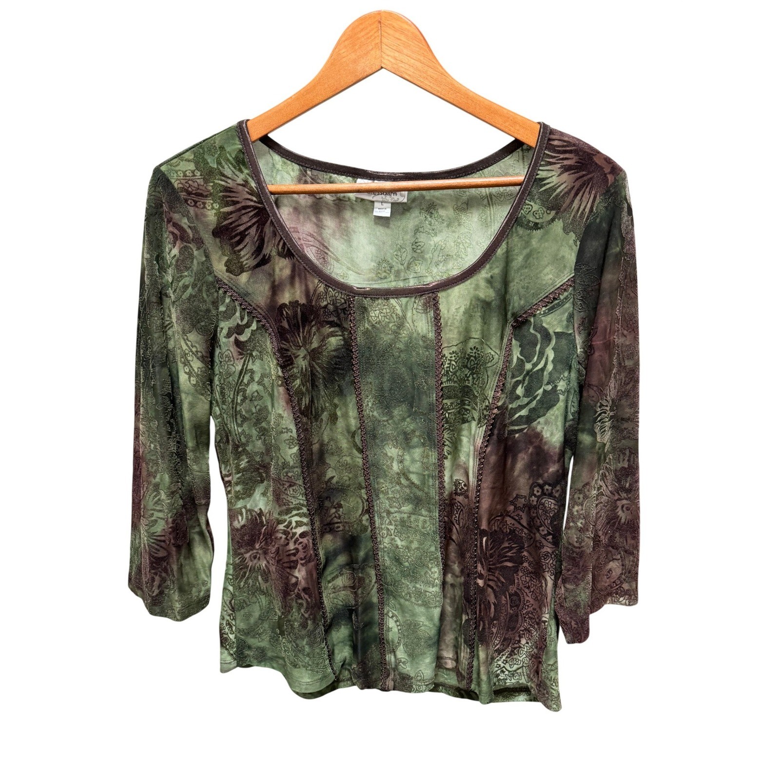 Dressbarn Green Brown Burnout Velvet Floral Paisley Scoop Neck Top L Y2K Fairy