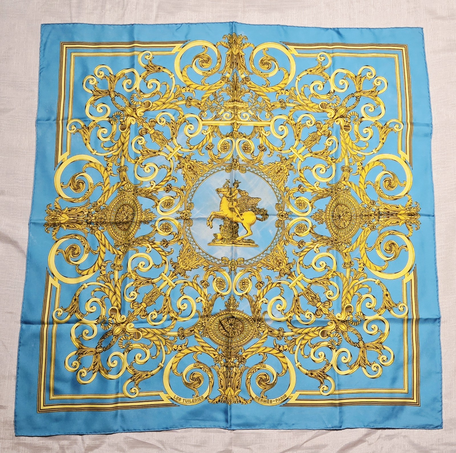 Hermes Les Tuileries Carre 90cm Silk Scarf Blue And Gold