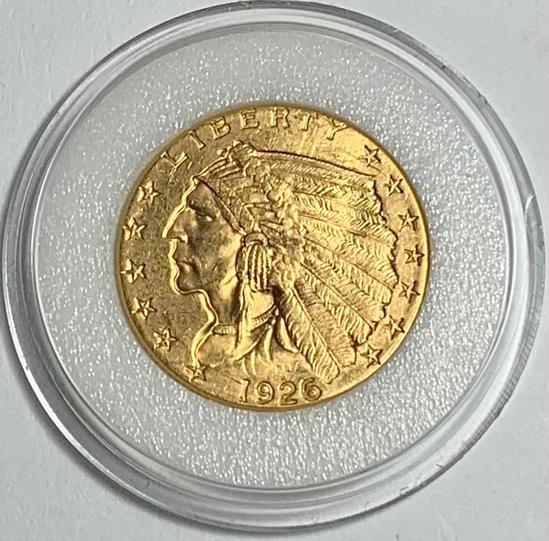 1926 Gold Indian Head 2 1/2 Dollar - Beautiful Even Strike, Obverse and Reverse. 1926 Gold Indian Head 2 1/2 Dollar - Beautiful Even Strike, Obverse and Reverse.