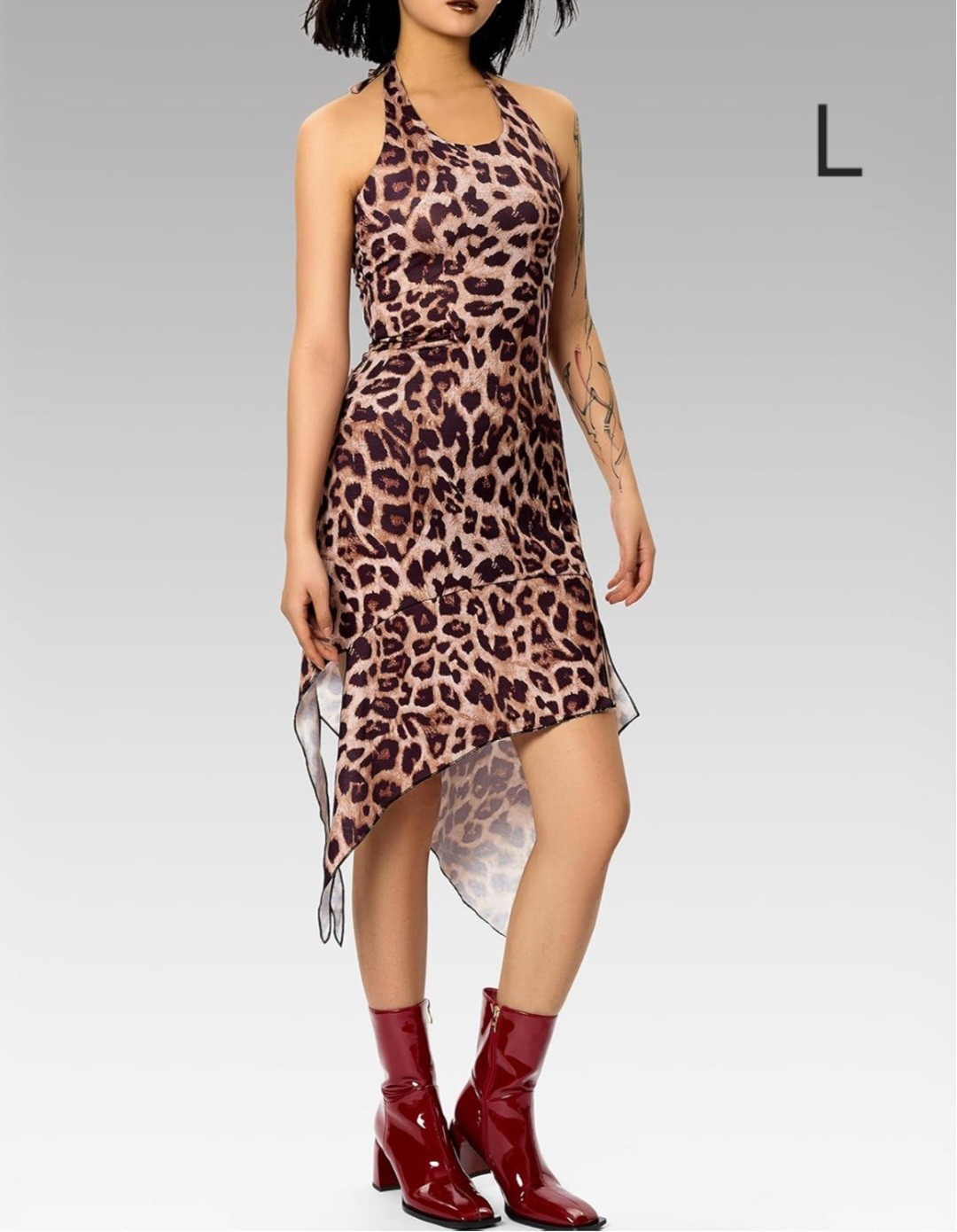 Shein Women\'s L Brown Black Leopard Print Hi-Low Sleeveless Halter A-Line Dress Shein Women\'s L Brown Black Leopard Print Hi-Low Sleeveless Halter A-Line Dress