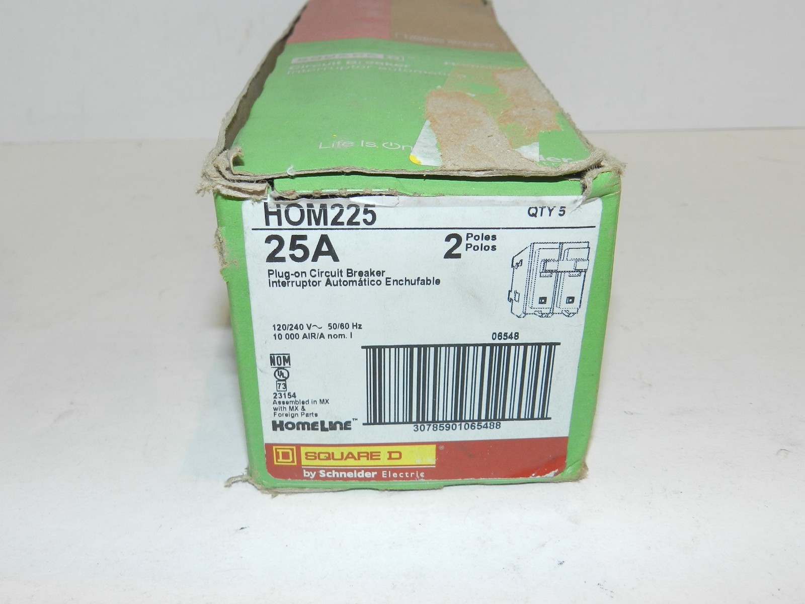 Lot of 5 Square D HOM225 25A 2-Pole Circuit Breaker Homeline Plug-On 120/240V 