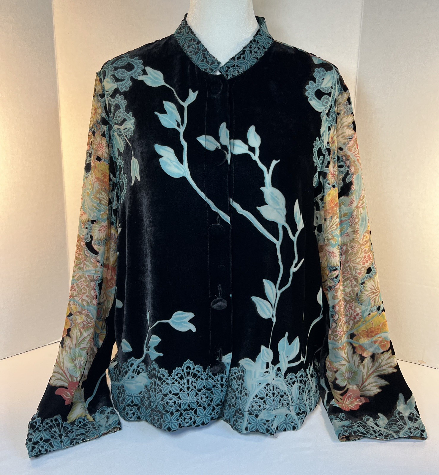 Citron Santa Monica Black Burn Out Velvet Blouse Blue Floral Rayon Silk Size S Citron Santa Monica Black Burn Out Velvet Blouse Blue Floral Rayon Silk Size S