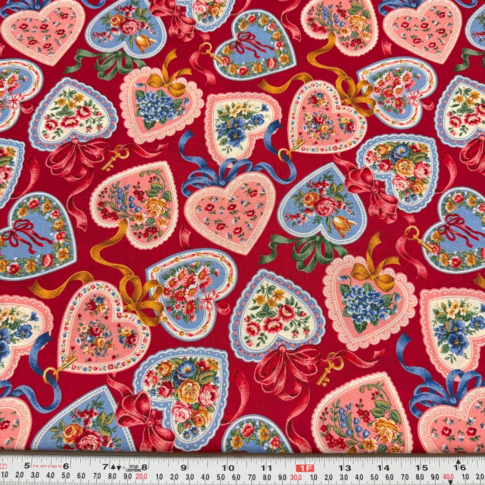 Vintage Cranston Floral Hearts Bows Keys Red Cotton Fabric by the HALF YARD