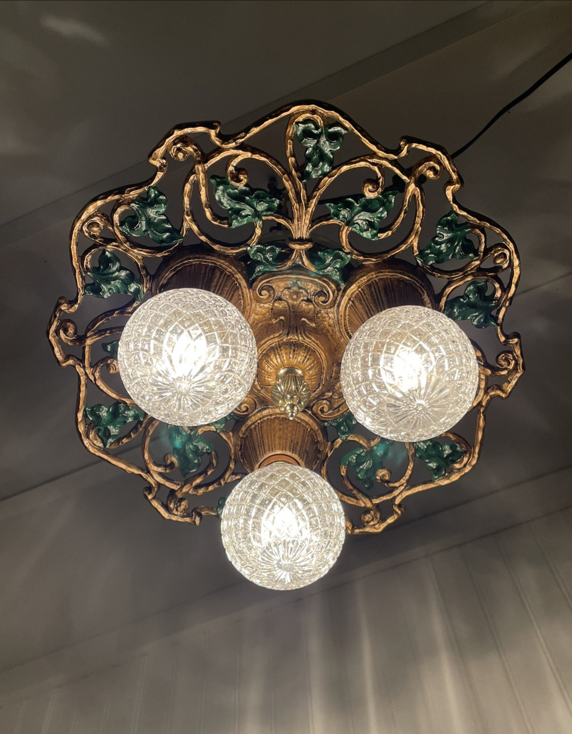 RESTORED Antique Vtg Art Deco Polychrome Flush Mount Ceiling Light 1920s 30s 40s
