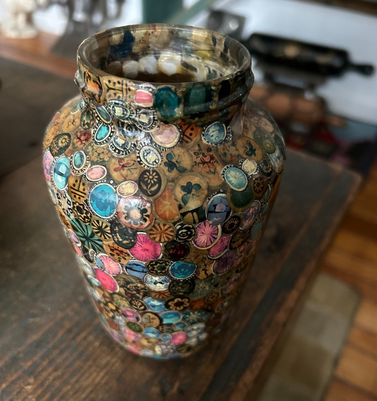 Antique Folk Art Memory / Cigar Band / Scrap Decoupaged Jar