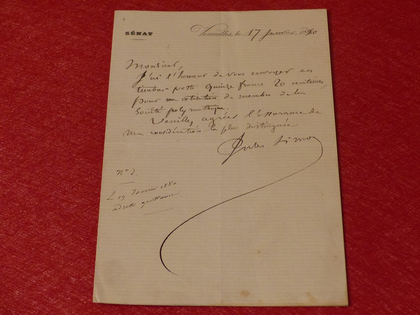 Signed Autograph Letter Jules Simon (Philosopher Statesman) 1880