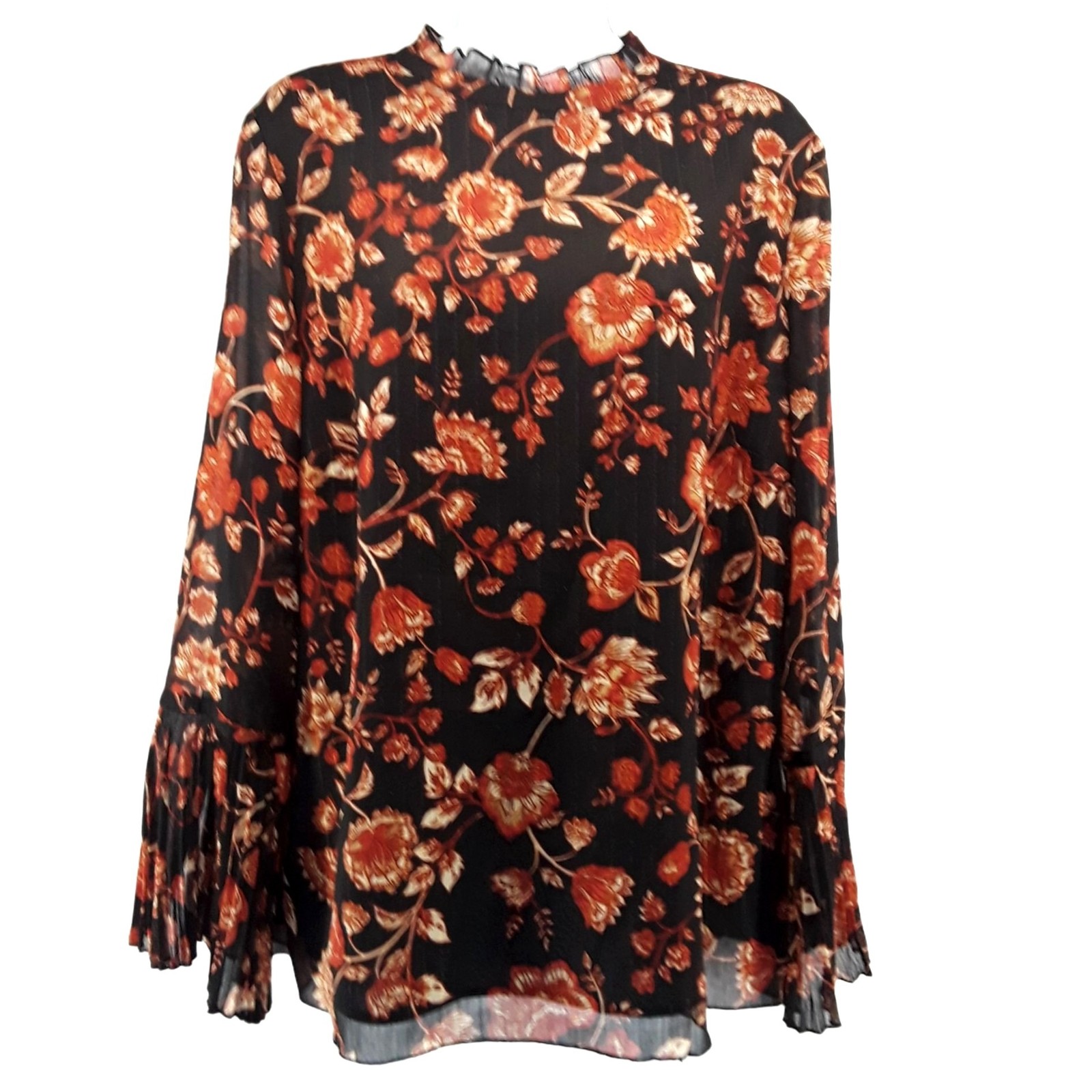 Chicos Black & Brown Floral Pleated Sleeve Blouse Size 2 Large