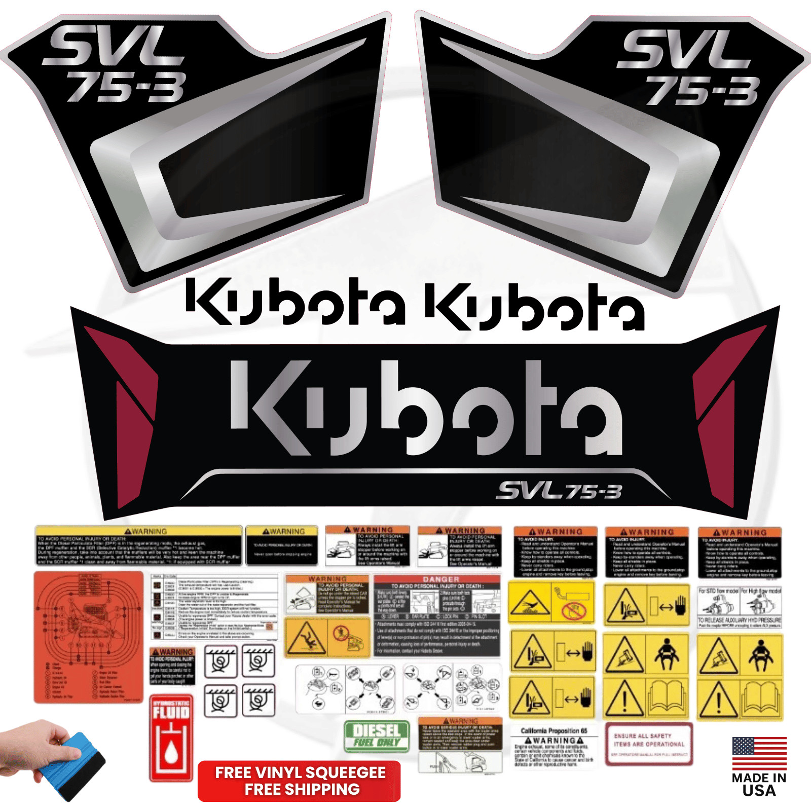 Fits KUBOTA SVL75-3 Complete Decal Kit Skid Steer Stickers - Black Edition Fits KUBOTA SVL75-3 Complete Decal Kit Skid Steer Stickers - Black Edition