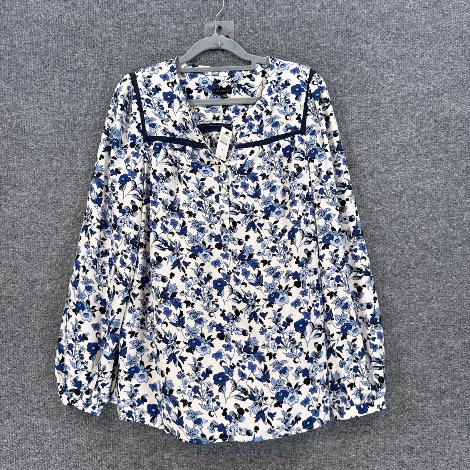 Talbots Blouse Womens Medium Blue Floral Lace Trim Button Front Casual NEW