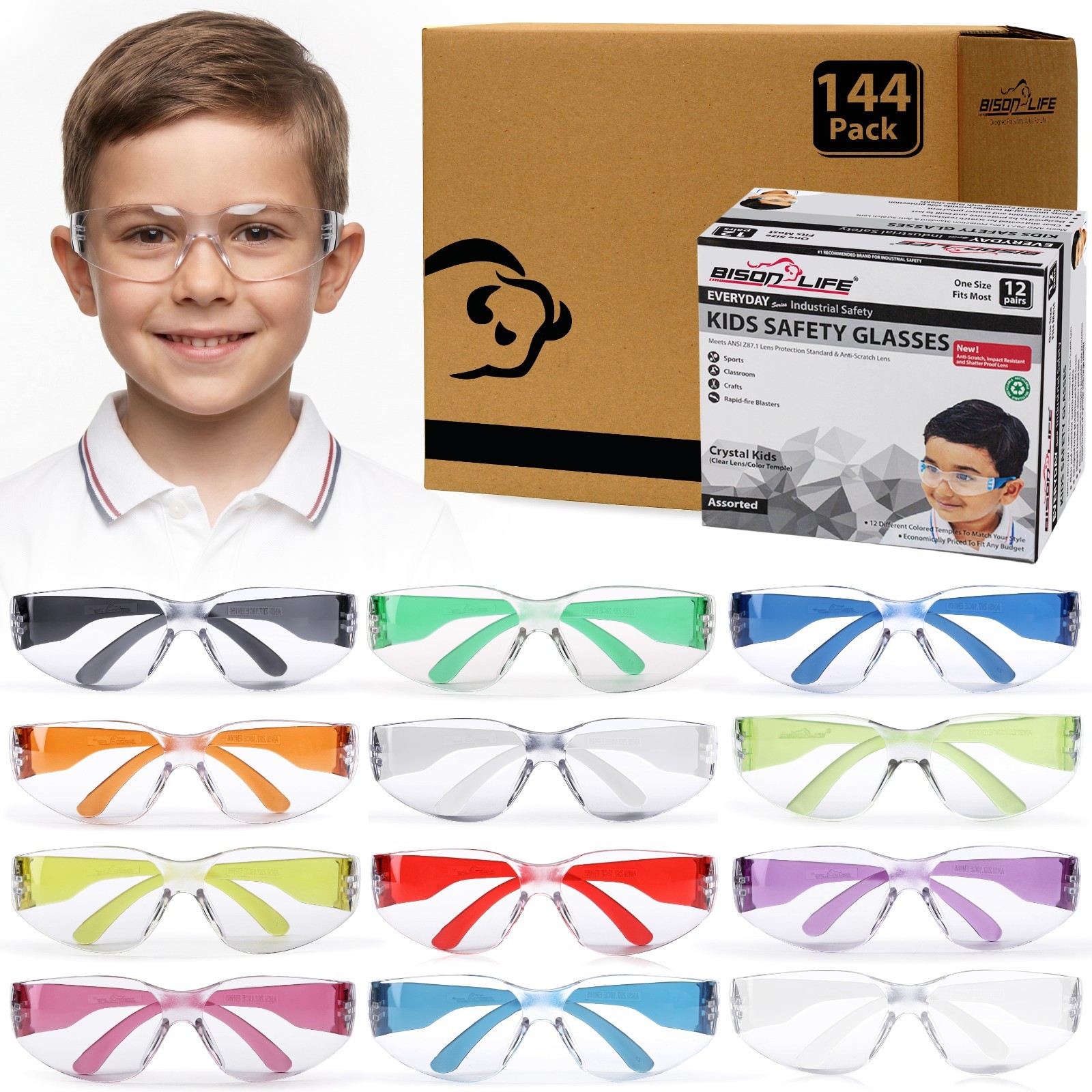 Crystal Kids Clear Lens Color Temple Variety Safety Glasses (Pack of 144)