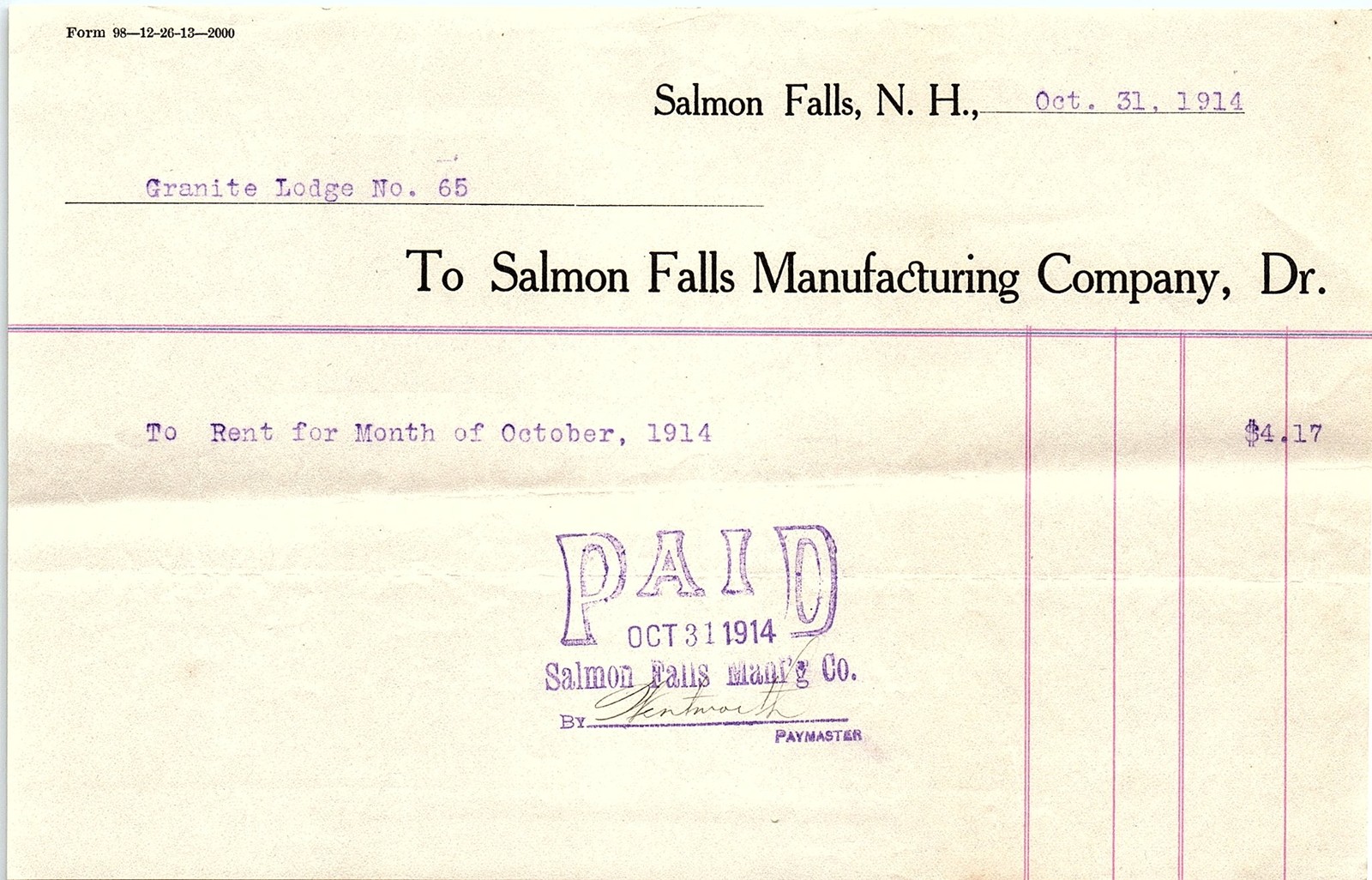 1914 Salmon Falls NH Rent Receipt - Granite Lodge No. 65 1914 Salmon Falls NH Rent Receipt - Granite Lodge No. 65