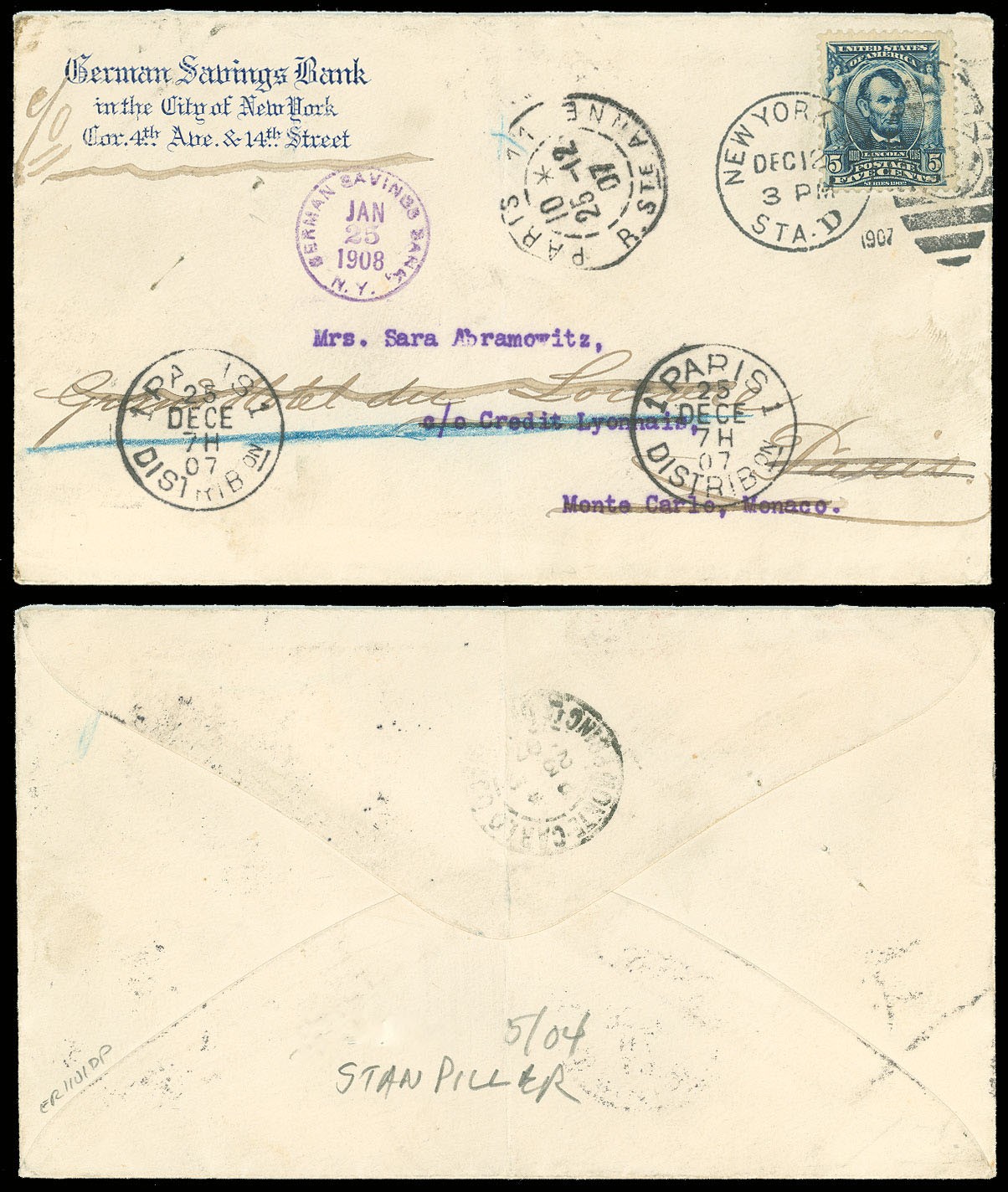 1907-8 #304 World Tour Letter, Grand Hotel du Louvres, Paris, Monaco, New York