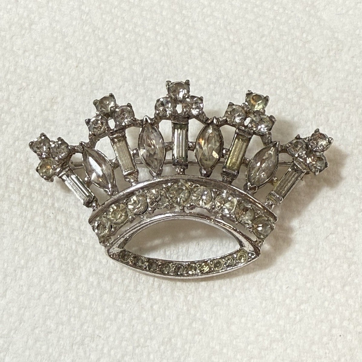 Vintage TRIFARI Silver Sterling Crown Brooch Clear Rhinestones