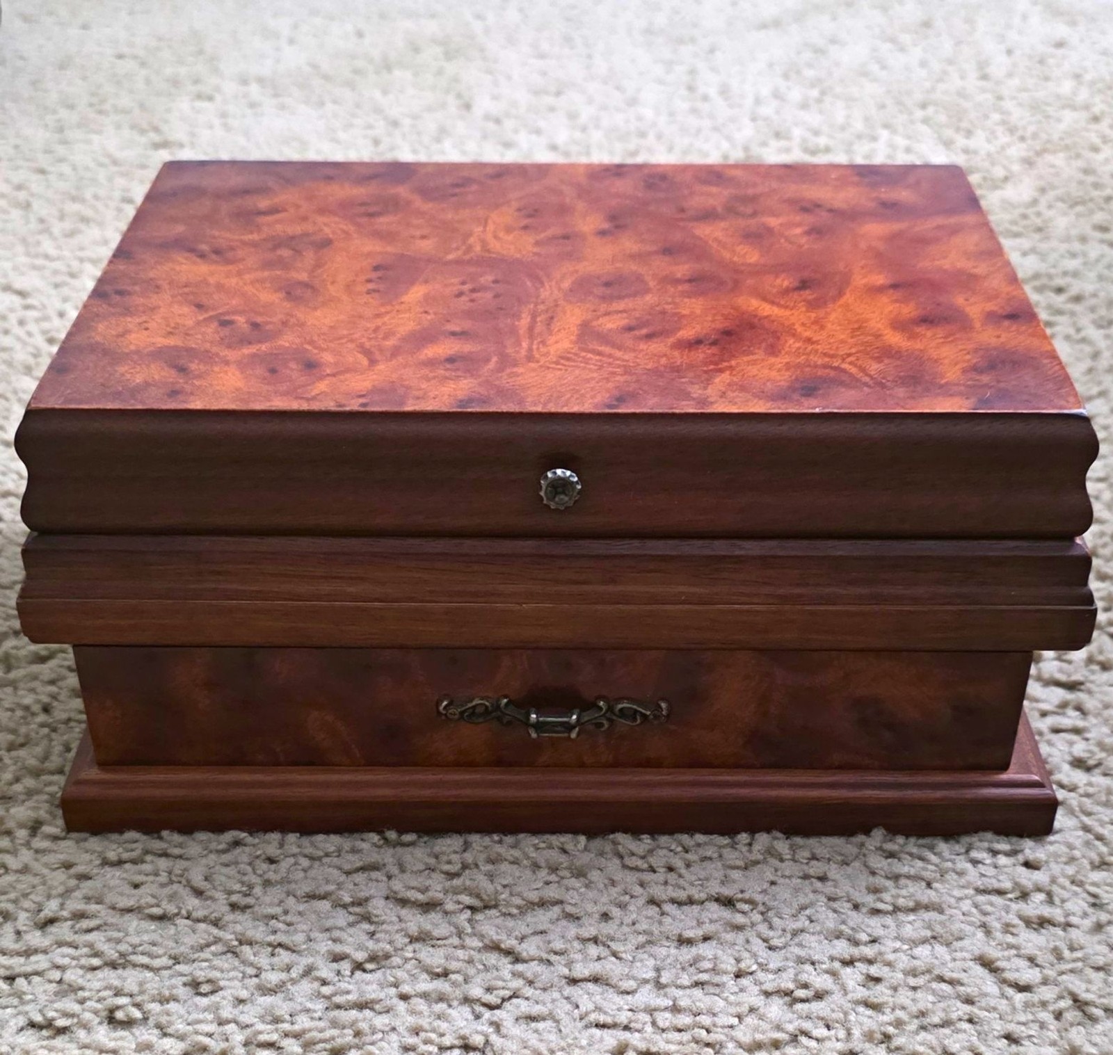 Pristine Vintage 1980s Burl Wood Jewelry Box Large Keepsake Chest Drawer Mint