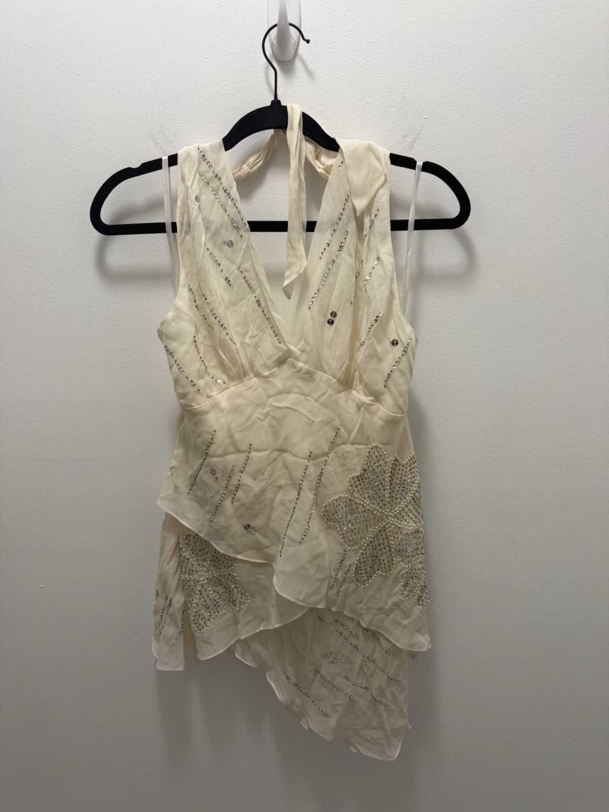 BCBGMAXAZRIA Silk Halter Top L Ivory Ruffle Beaded Y2K Romantic Asymmetrical