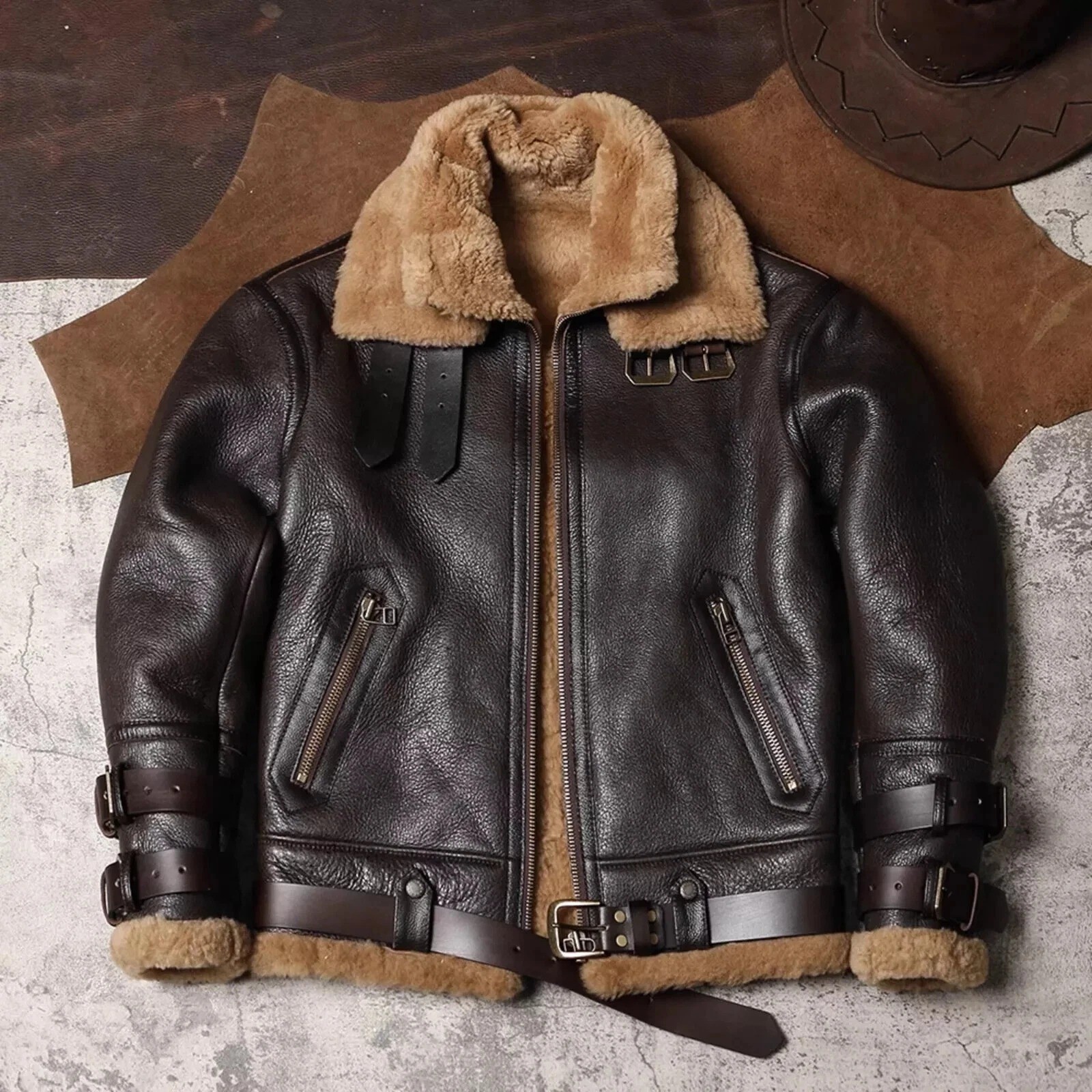 Men\'s B3 RAF Pilot Cozy Fur Coat Genuine Sheepskin Bomber Leather Jacket