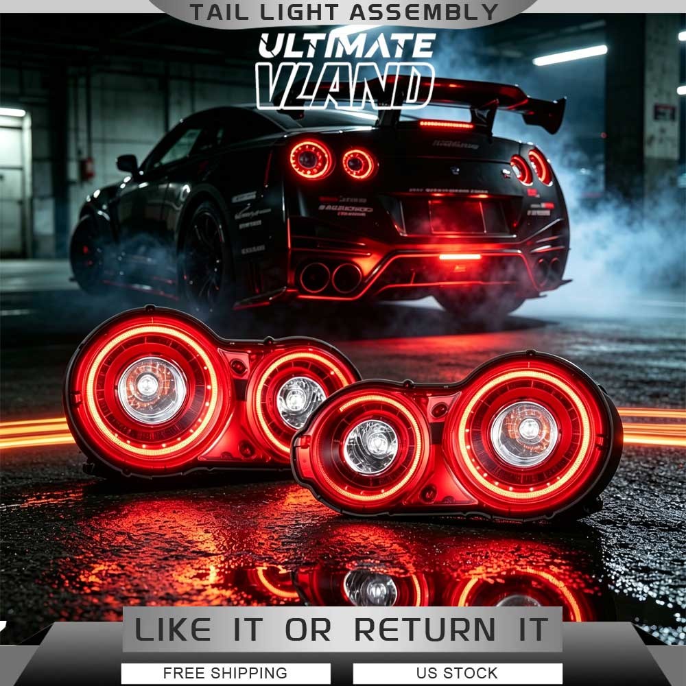 VLAND 1Pair LED RED LENS Tail Lights Fit For 2009-2024 Nissan GTR R35 Rear Lamps