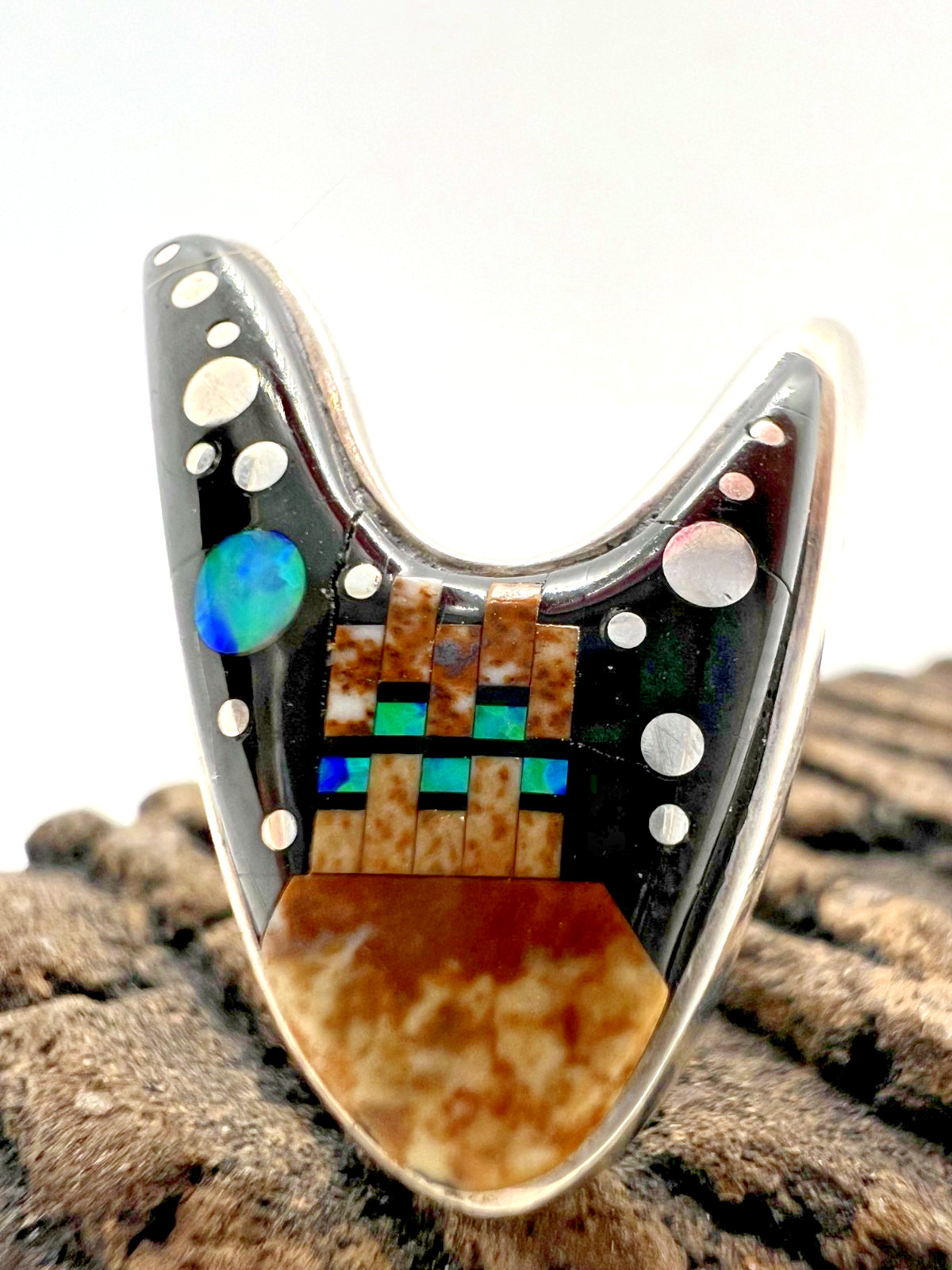 Vintage COSMIC NIGHT SKY Southwestern pueblo inlay ring Calvin Begay Navajo 5.5