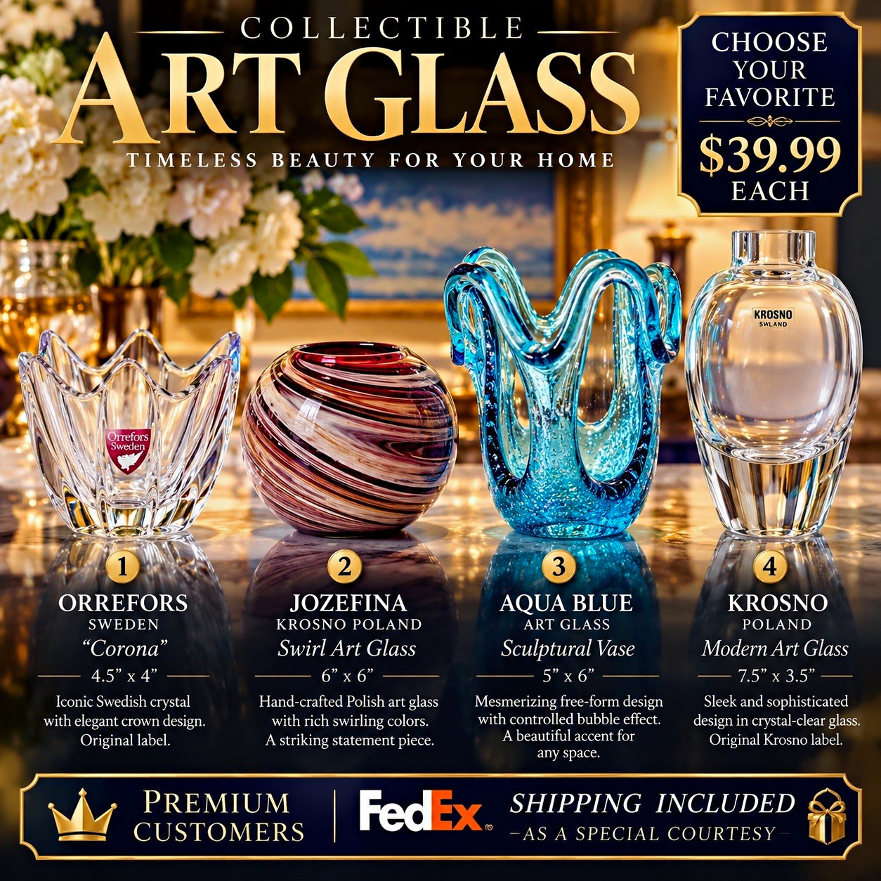 Collector’s Art Glass Showcase – Orrefors Sweden & Krosno Poland – Choose Your
