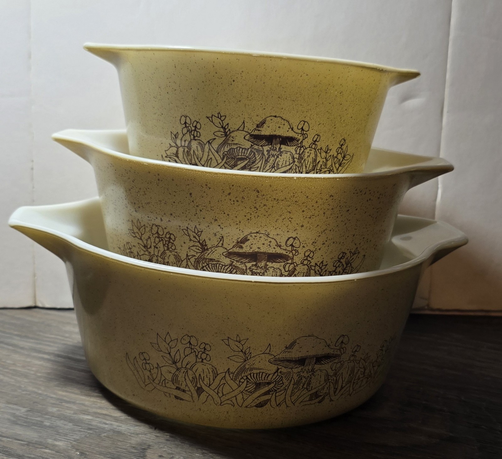 3 Vintage Pyrex Forest Fancies Mushroom Casserole Nesting Set NO Lids