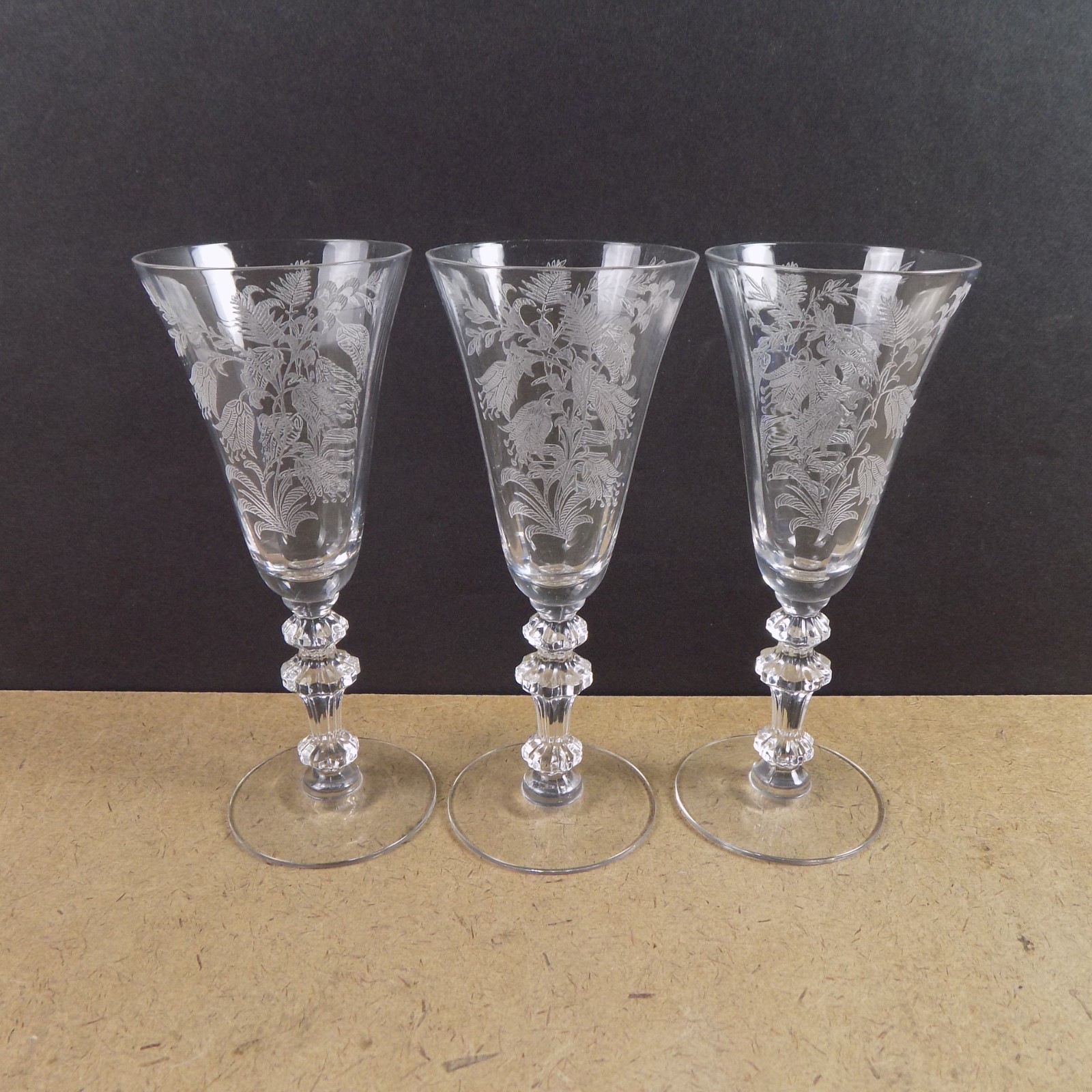 3 Tiffin Fuchsia Etched Sherry Glasses 5-3/8\ 3 Tiffin Fuchsia Etched Sherry Glasses 5-3/8\