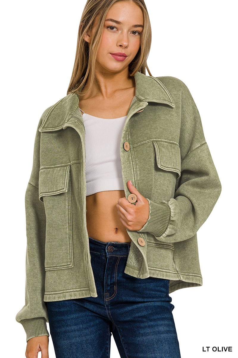 Ladies Zenana Light Olive Acid Wash Fleece Front Pocket Cropped Shacket
