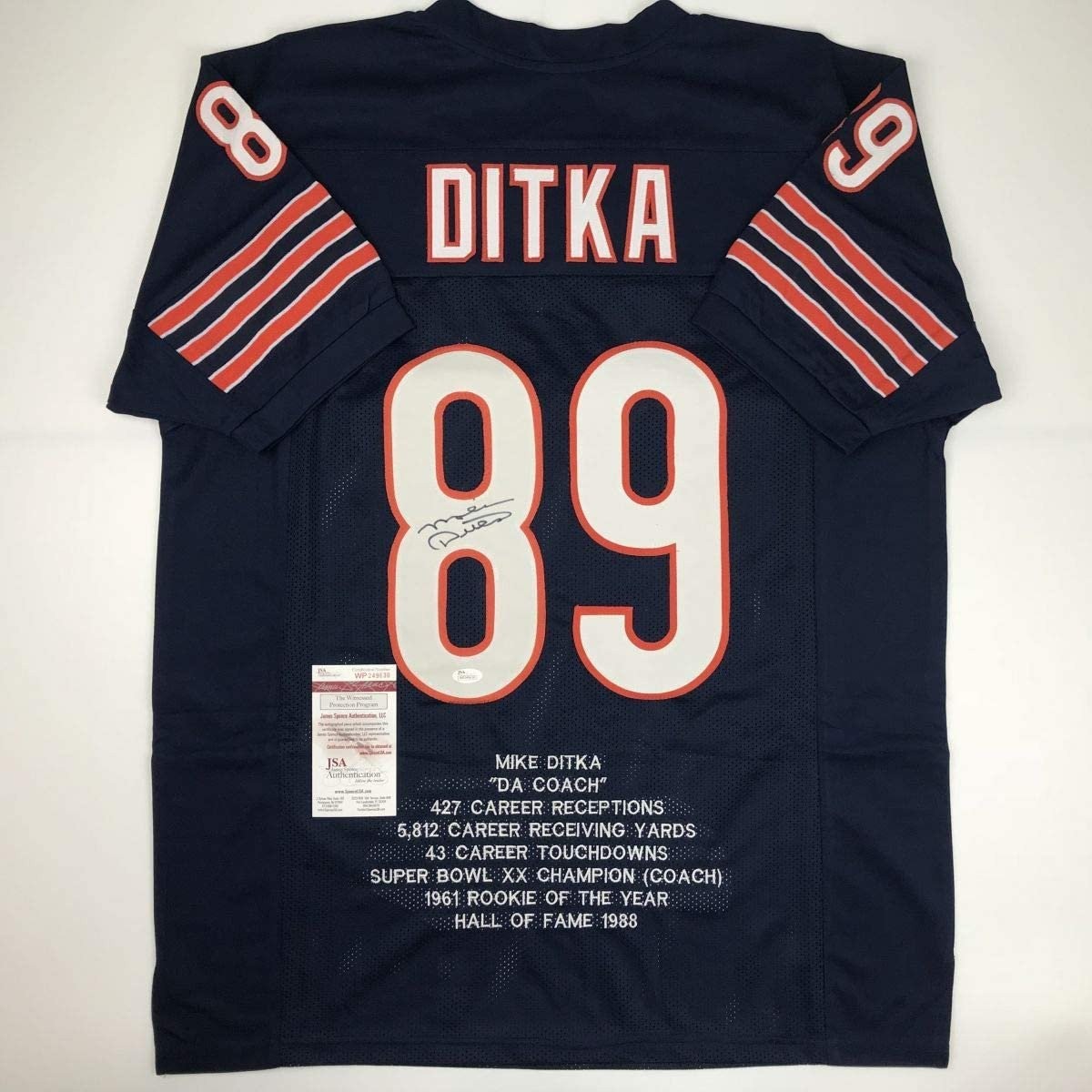 Autographed/Signed MIKE DITKA Chicago Blue Stat Jersey JSA COA Auto Autographed/Signed MIKE DITKA Chicago Blue Stat Jersey JSA COA Auto