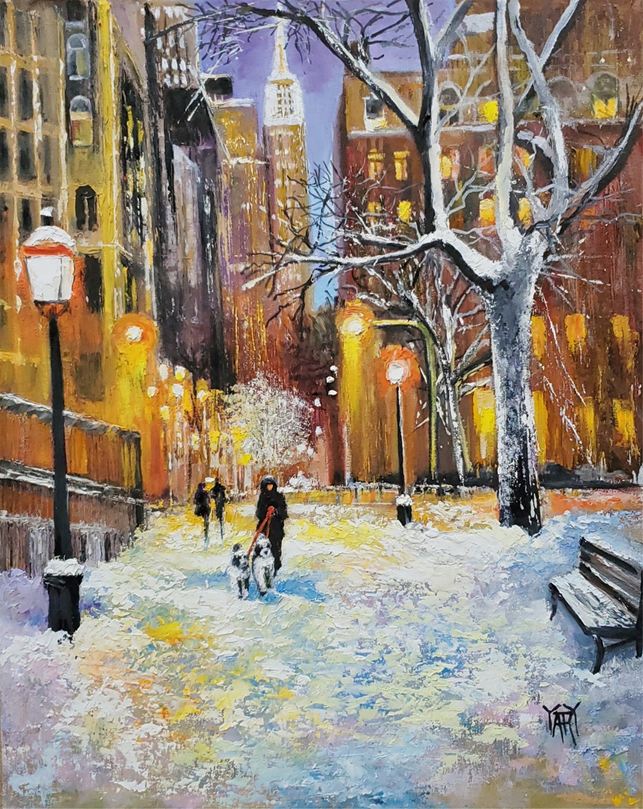YARY DLUHOS New York City Street NYC Winter Snow Lights Original Oil Painting