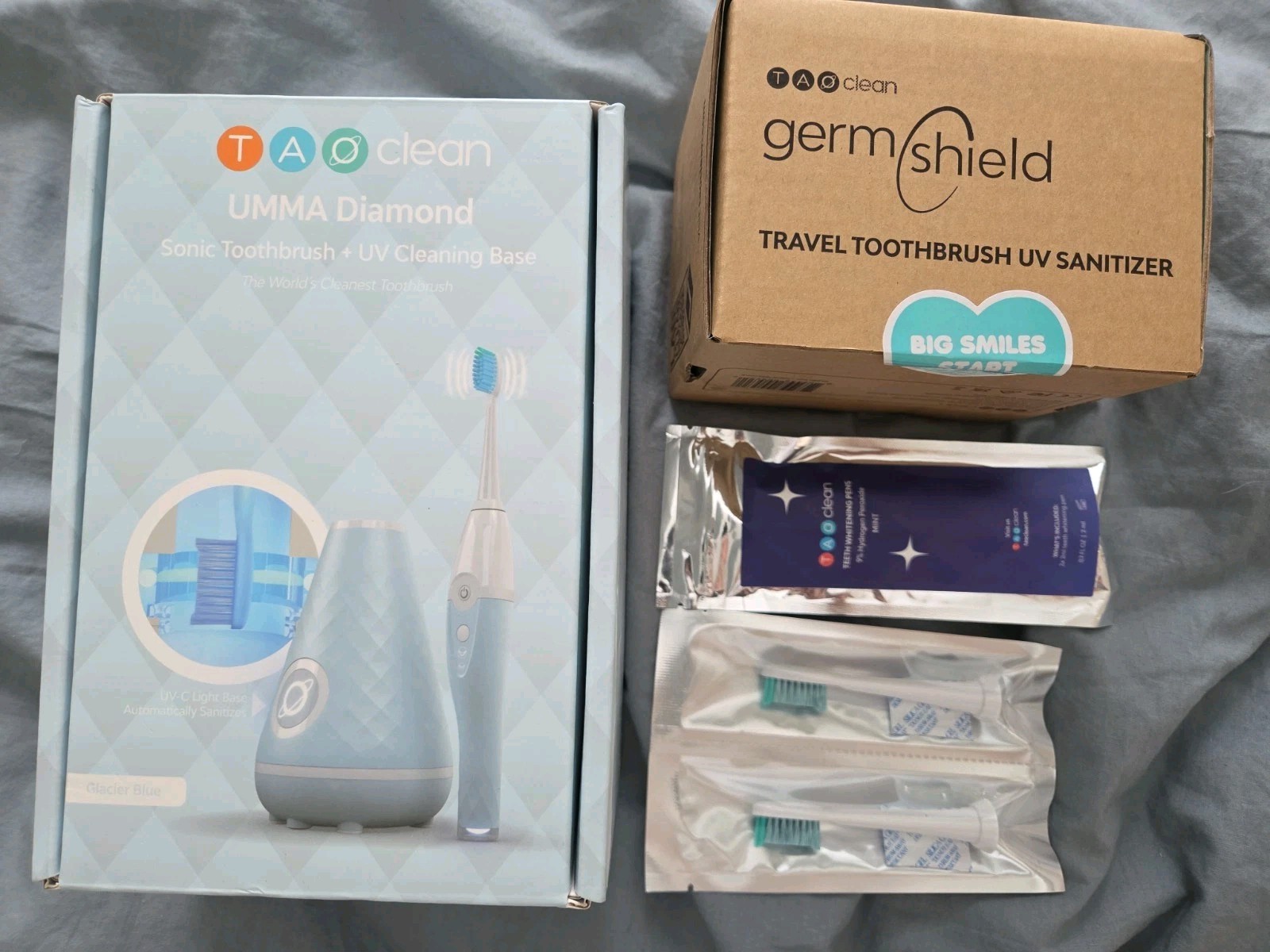 TAO Clean UMMA Diamond Sonic Toothbrush UV Base Germ Shield Bundle Glacier Blue