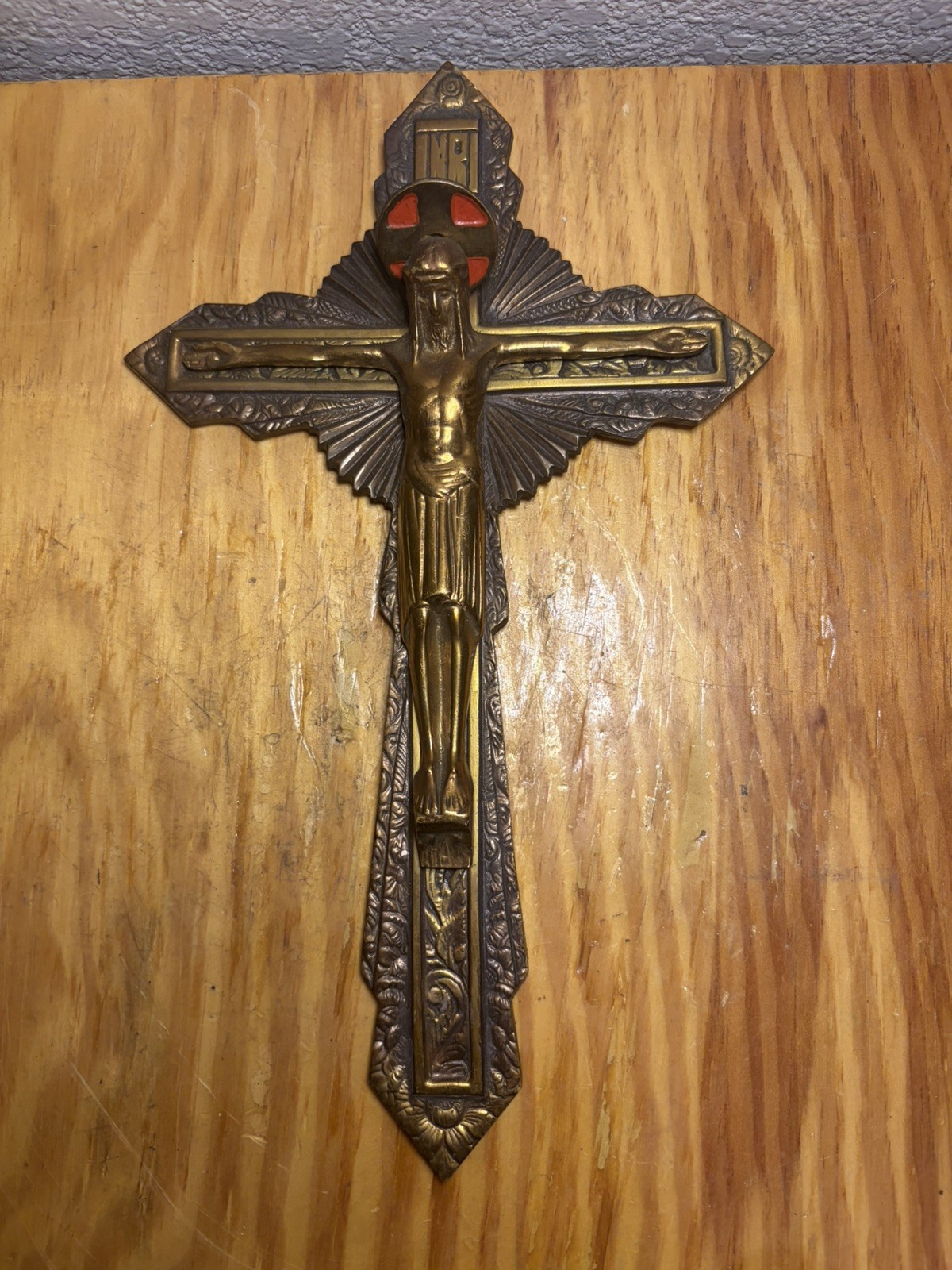 Lovely Vintage Ornate Brass Red Copper Enamel Wall Hanging Crucifix French  