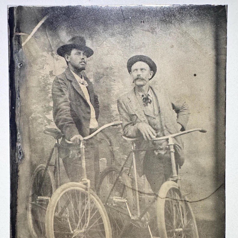 Antique Tintype of Men with Bicycles Photo Original Bike Tintype Photograph