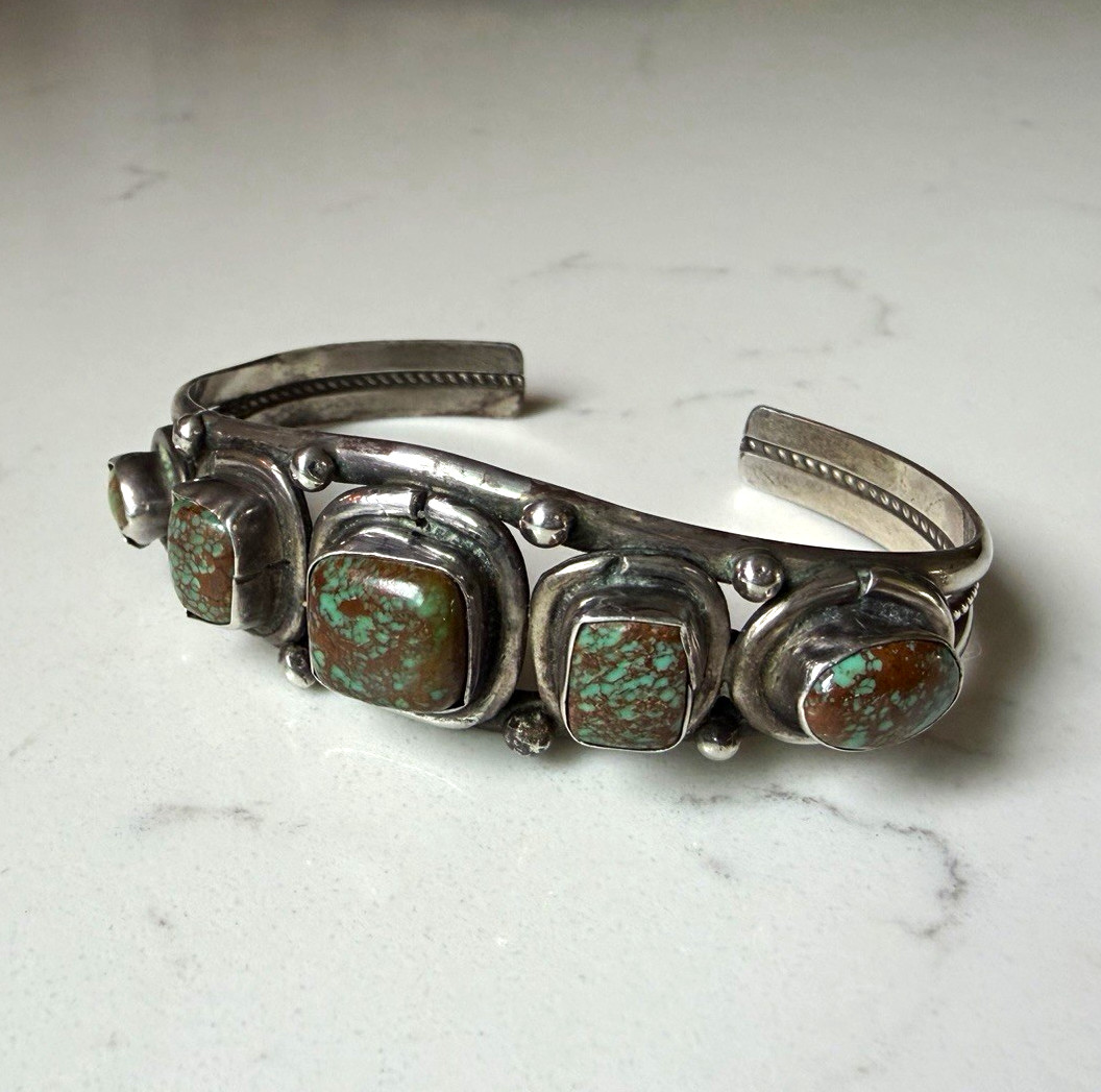 Vintage Jimmy Emerson Navajo 925 Green Turquoise Row Cuff Bracelet Signed JE