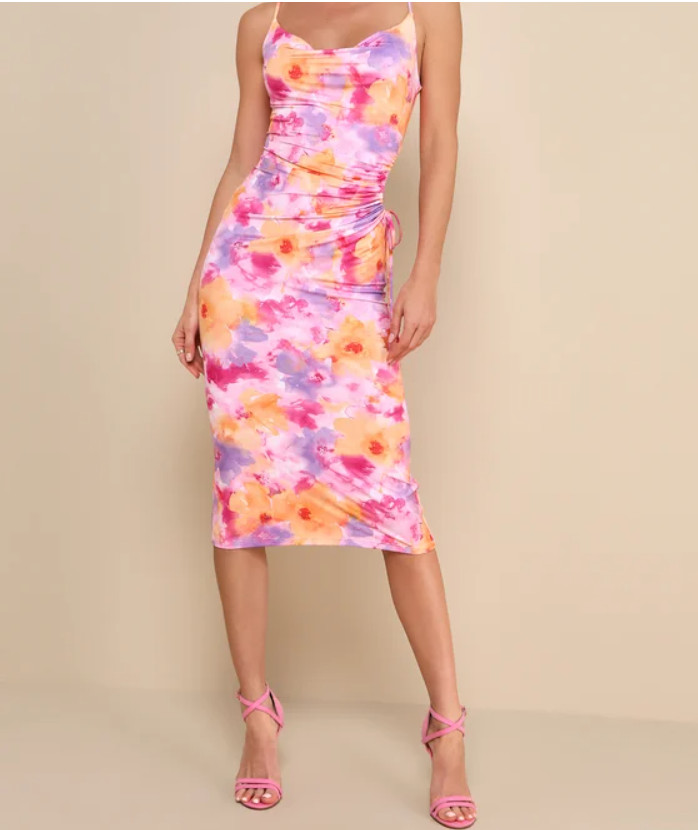 Lulus Vibrant Babe Pink Multi Floral Cutout Drawstring Midi Dress, New, Large Lulus Vibrant Babe Pink Multi Floral Cutout Drawstring Midi Dress, New, Large