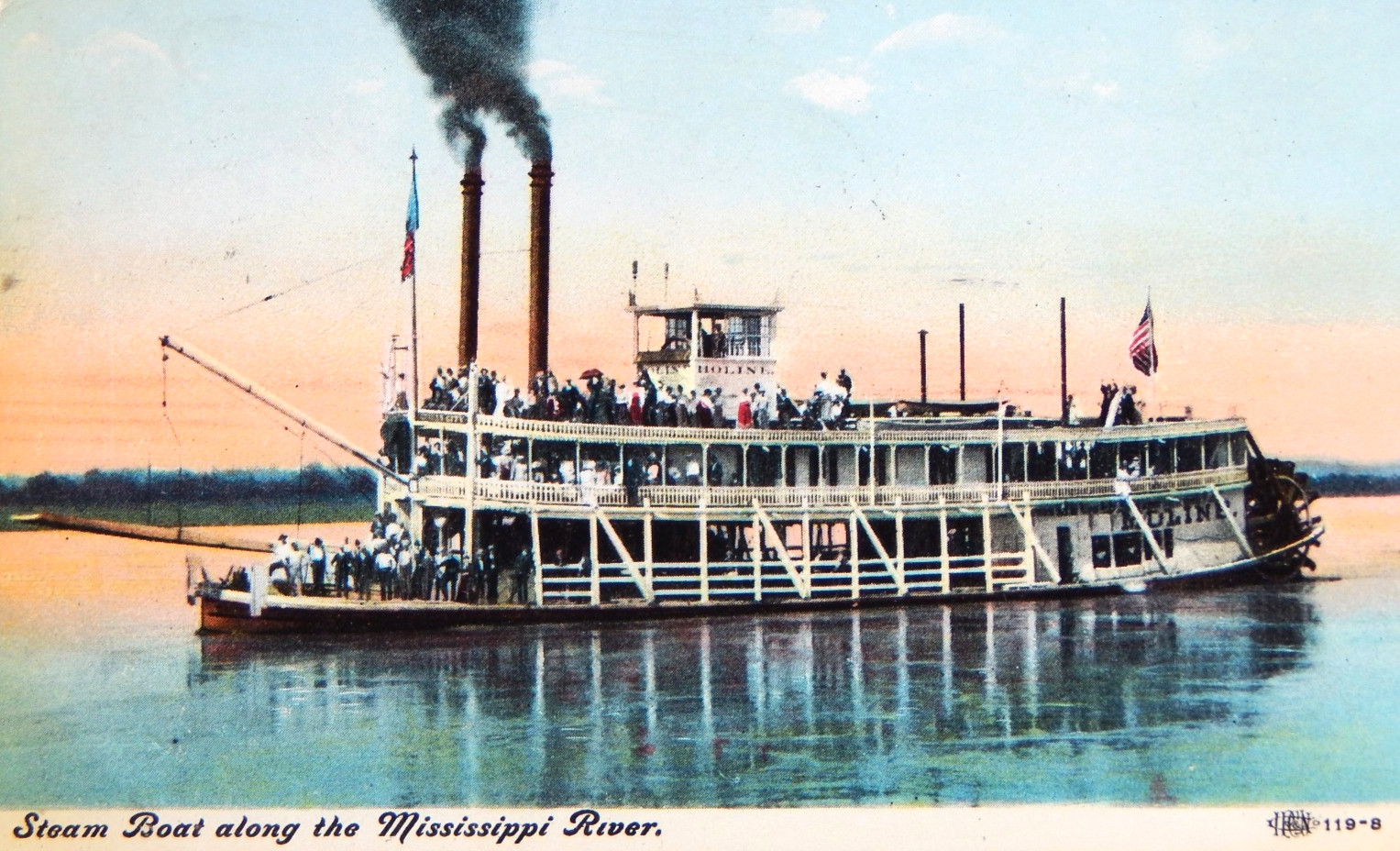 1908 STEAM BOAT SHIP ALONG THE MISSISSIPPI RIVER POSTED POSTCARD 119-8 IPCN VTG