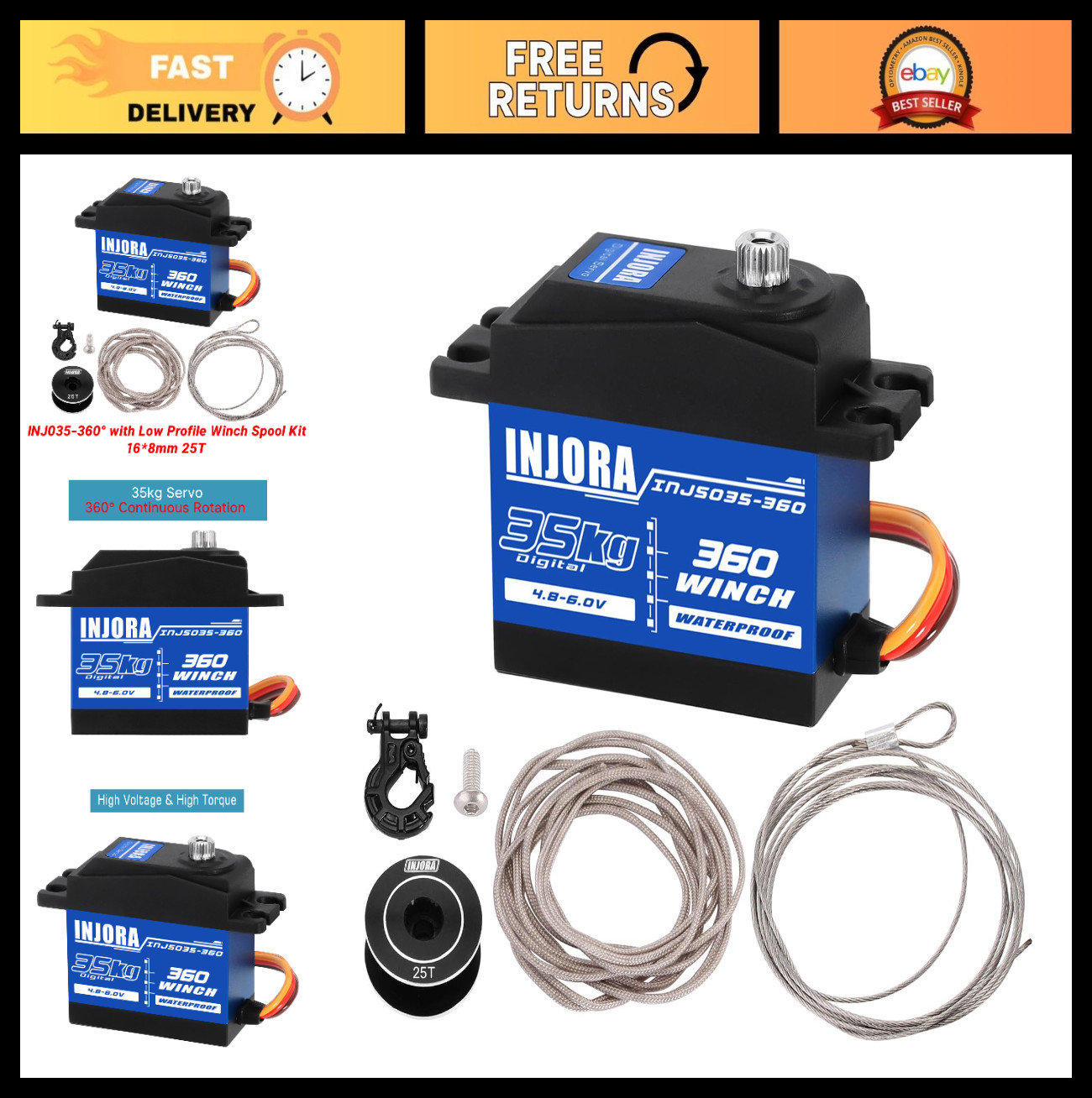 35KG Waterproof Digital Servo 360° Rotation Winch Spool for SCX10 PRO RC Crawler