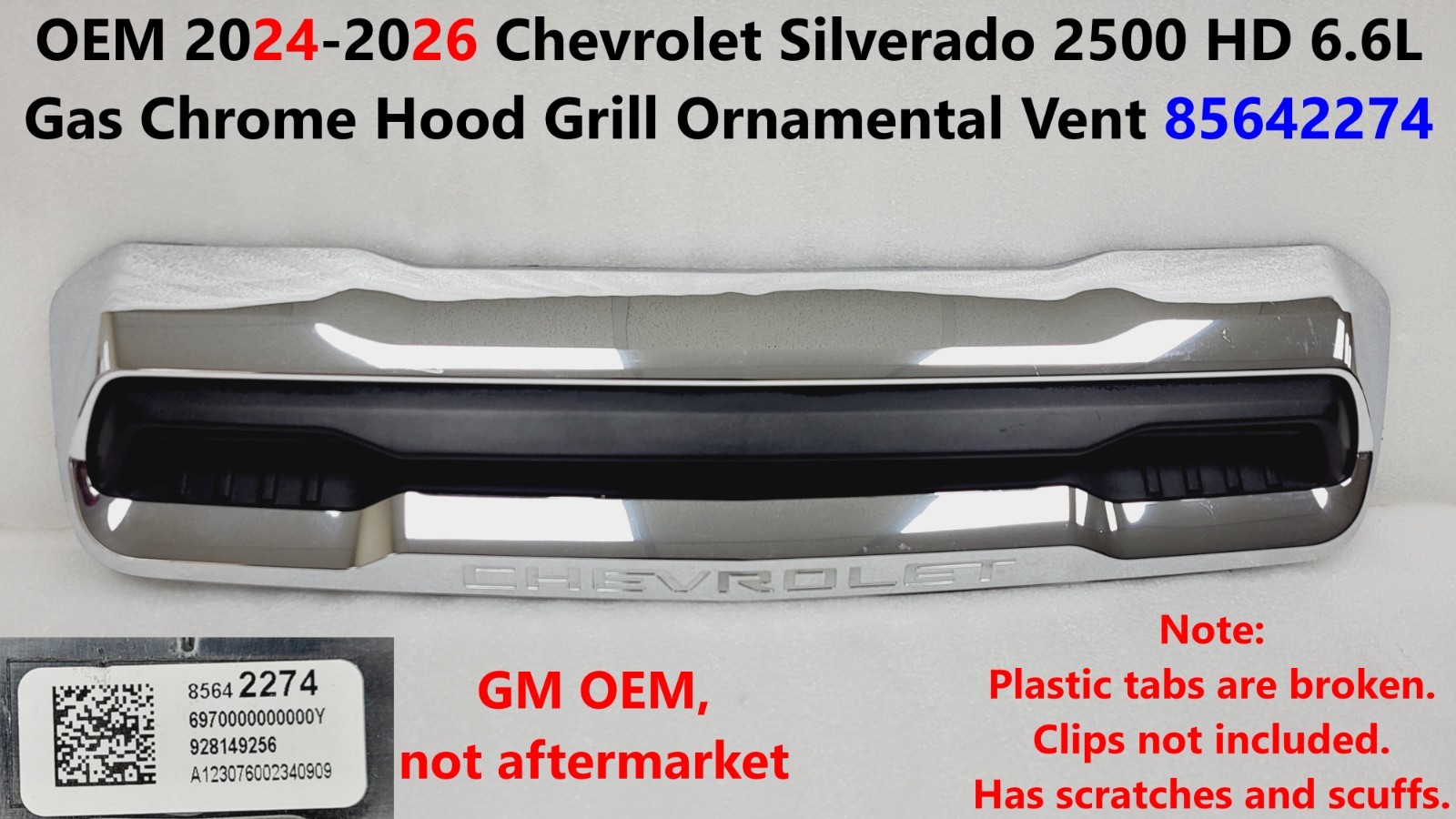 OEM 2024-26 Chevrolet Silverado 2500 HD 6.6L Gas Chrome Hood Grill Vent 85642274