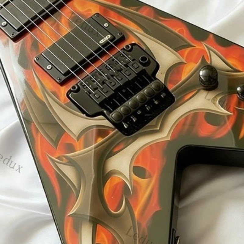 Solid Body Electric Guitar Tribal Flame Bull Horn Head Watermark Stainless Fret