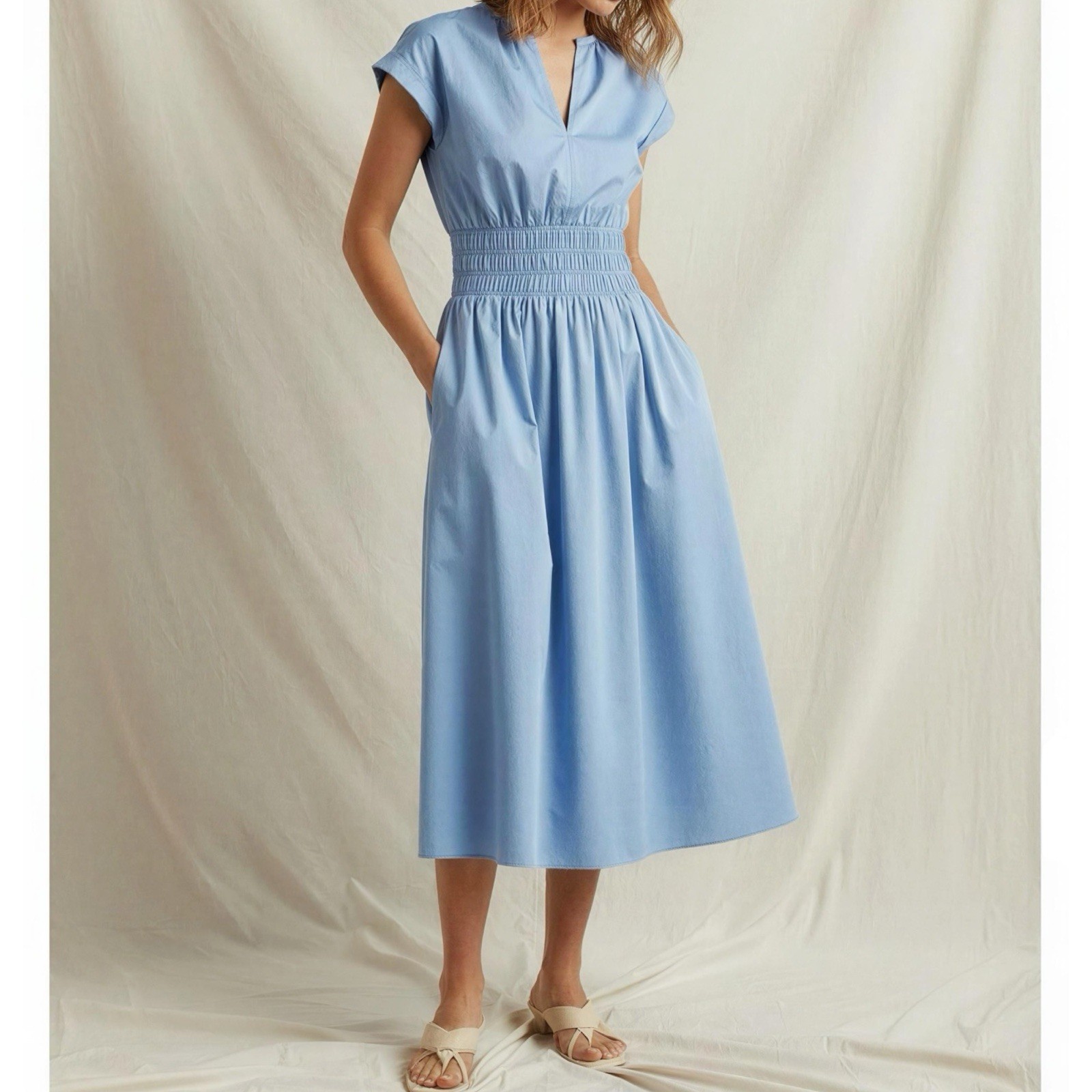 $240 NWT REISS Lena Cotton Ruched Waist Midi Dress, Blue, 10 (US)