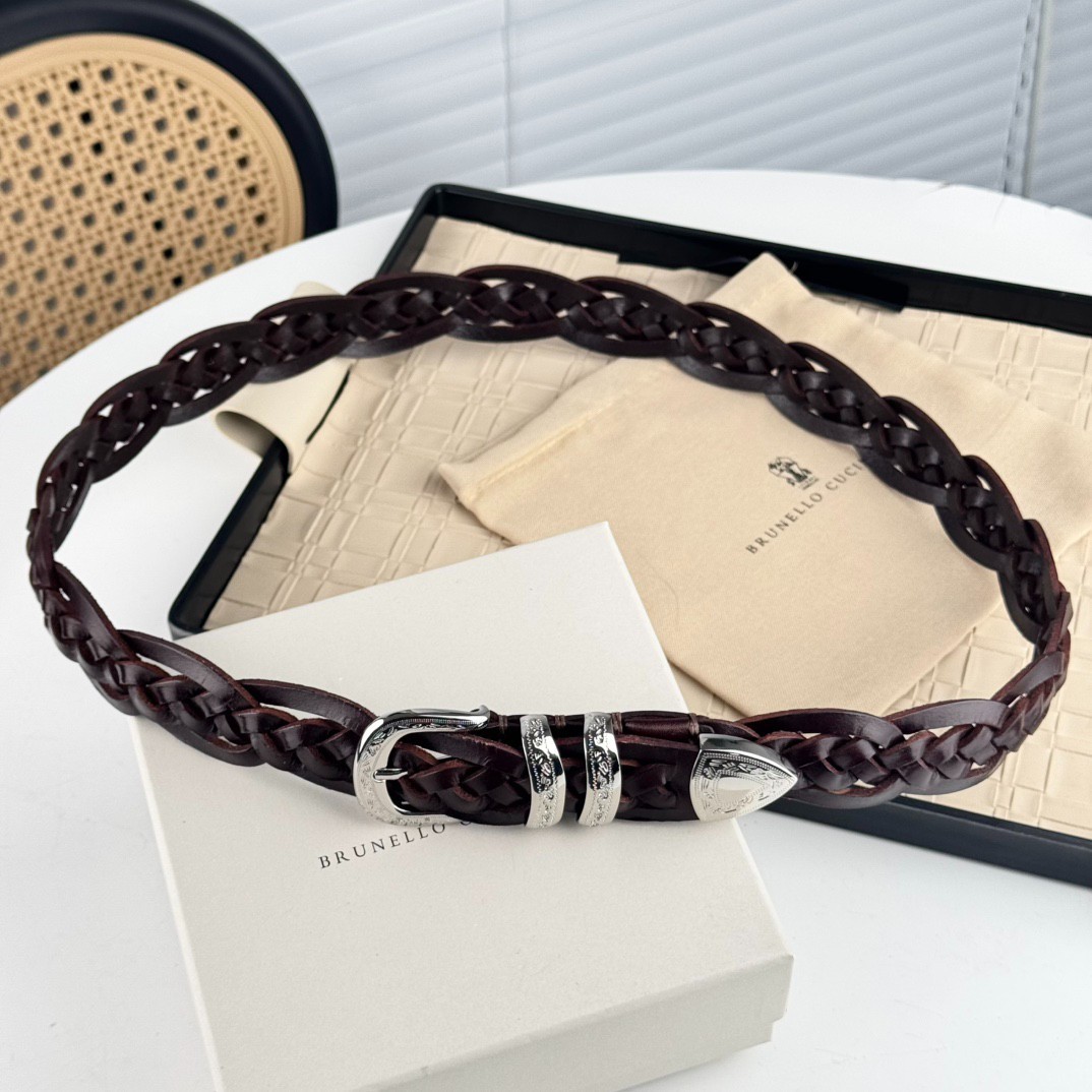 BRUNELLO CUCINELLI Brown Braided Leather Silver Buckle Belt BRUNELLO CUCINELLI Brown Braided Leather Silver Buckle Belt