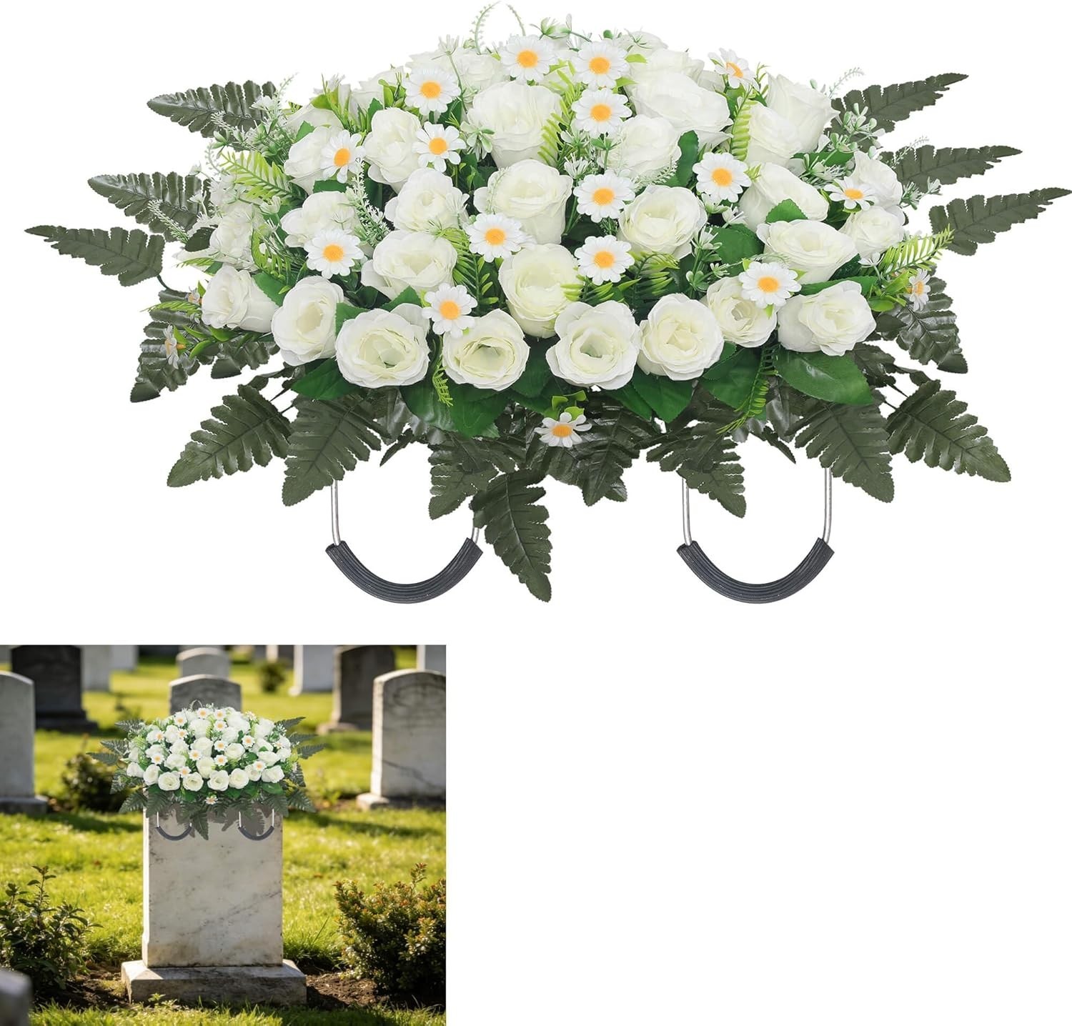 Headstone Flower Saddle,Large Artificial Cemetery Flowers for Grave Roses & C...